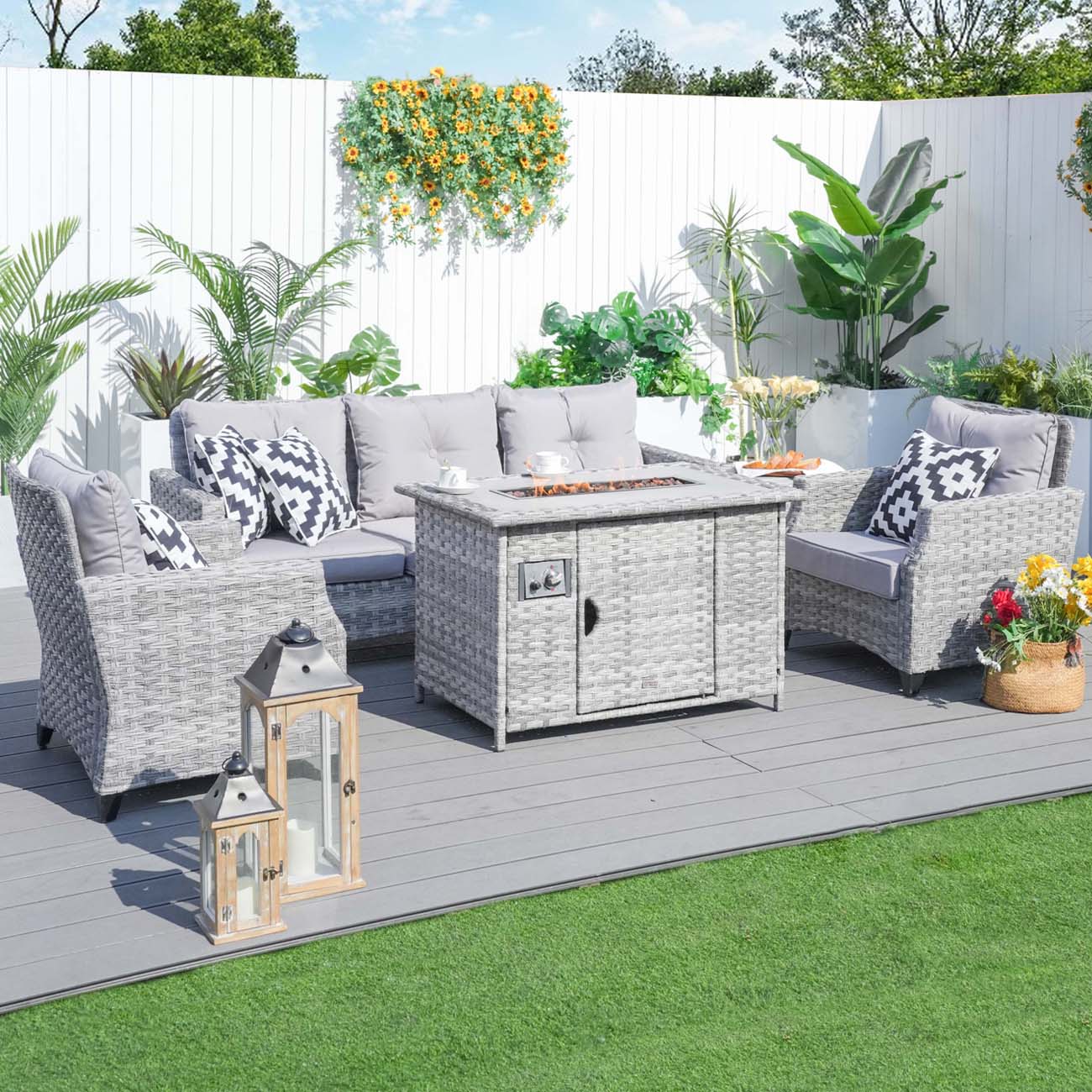 Abrihome Garden Rattan Wicker Out Furniture Patio Convention Sofa Set With Fire Pit Coffee Table Sale (PAF-1802)