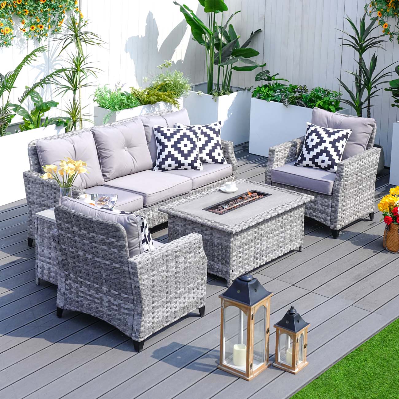 Abrihome Garden Rattan Wicker Out Furniture Patio Convention Sofa Set With Fire Pit Coffee Table Sale (PAF-1802)