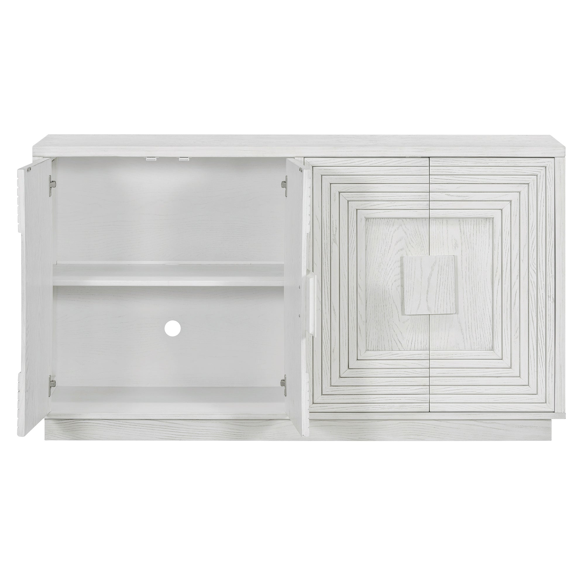 TREXM Vintage Distressed 4-Door Sideboard with Adjustable Shelves and Geometric Pattern for Dining Room, Kitchen and Living Room (Antique White)