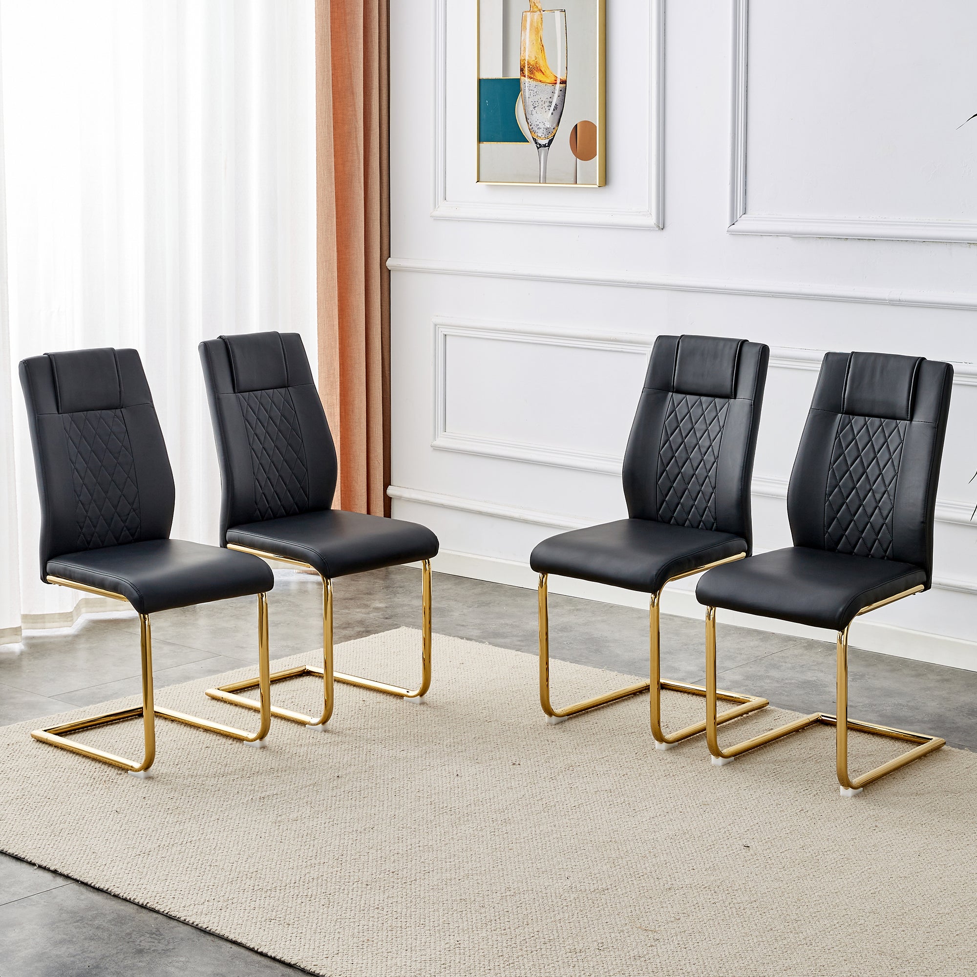 Modern dining chairs with faux leather padded seats, dining room chairs, gold metal leg upholstered chairs, suitable for kitchens, living rooms, bedrooms, and offices, set of 4 (black+PU leather)C-001