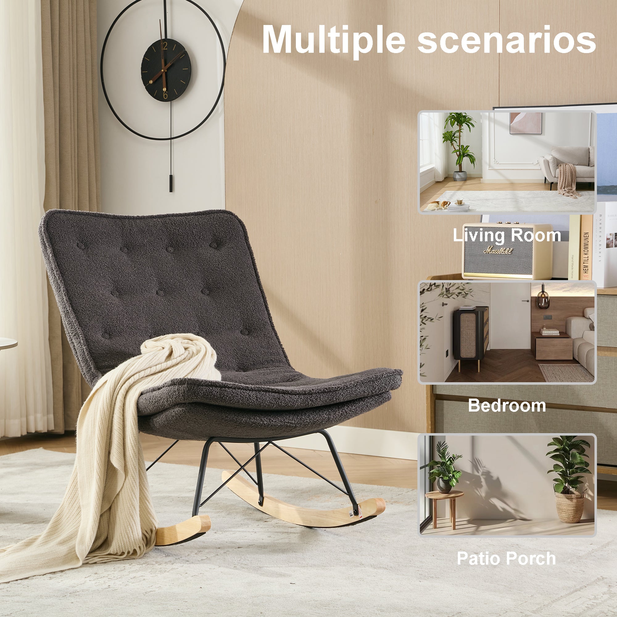 Lazy Rocking Chair,Comfortable Lounge Chair with Wide Backrest and Seat Wood Base, Upholstered Armless Rocker Chair for Living room, Balcony,Bedroom and Patio Porch. (GREY)