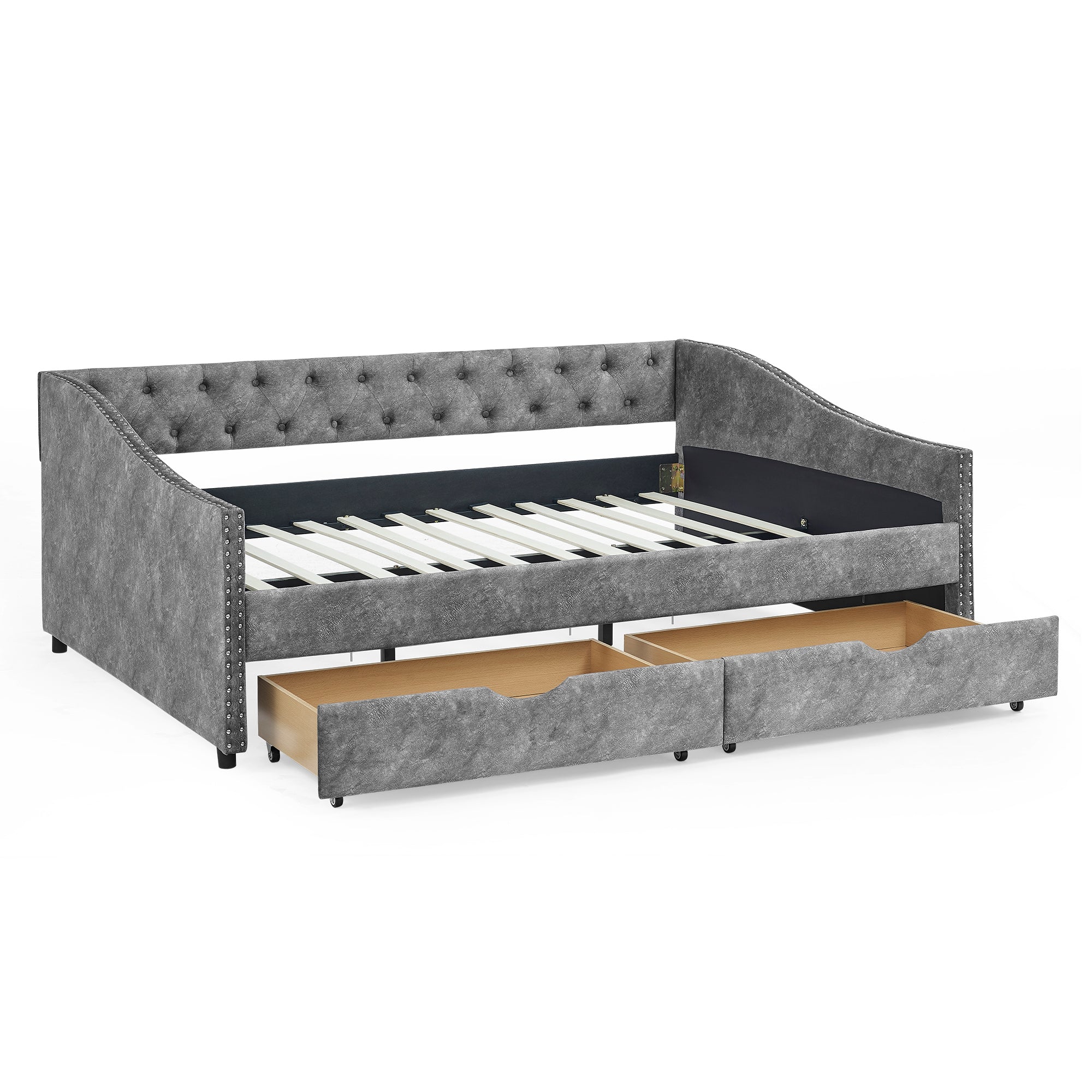 Full Size Daybed with Drawers Upholstered Tufted Sofa Bed, with Button on Back and Copper Nail on Waved Shape Arms, Grey (80.5''x55.5''x27.5'')