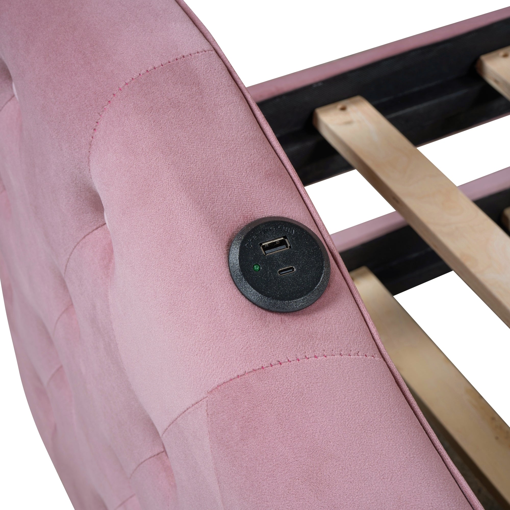 Twin Size Tufted Upholstered Daybed with Trundle ,Velvet Sofabed with USB&Type-C Charging Ports,No Box-spring Needed, Pink