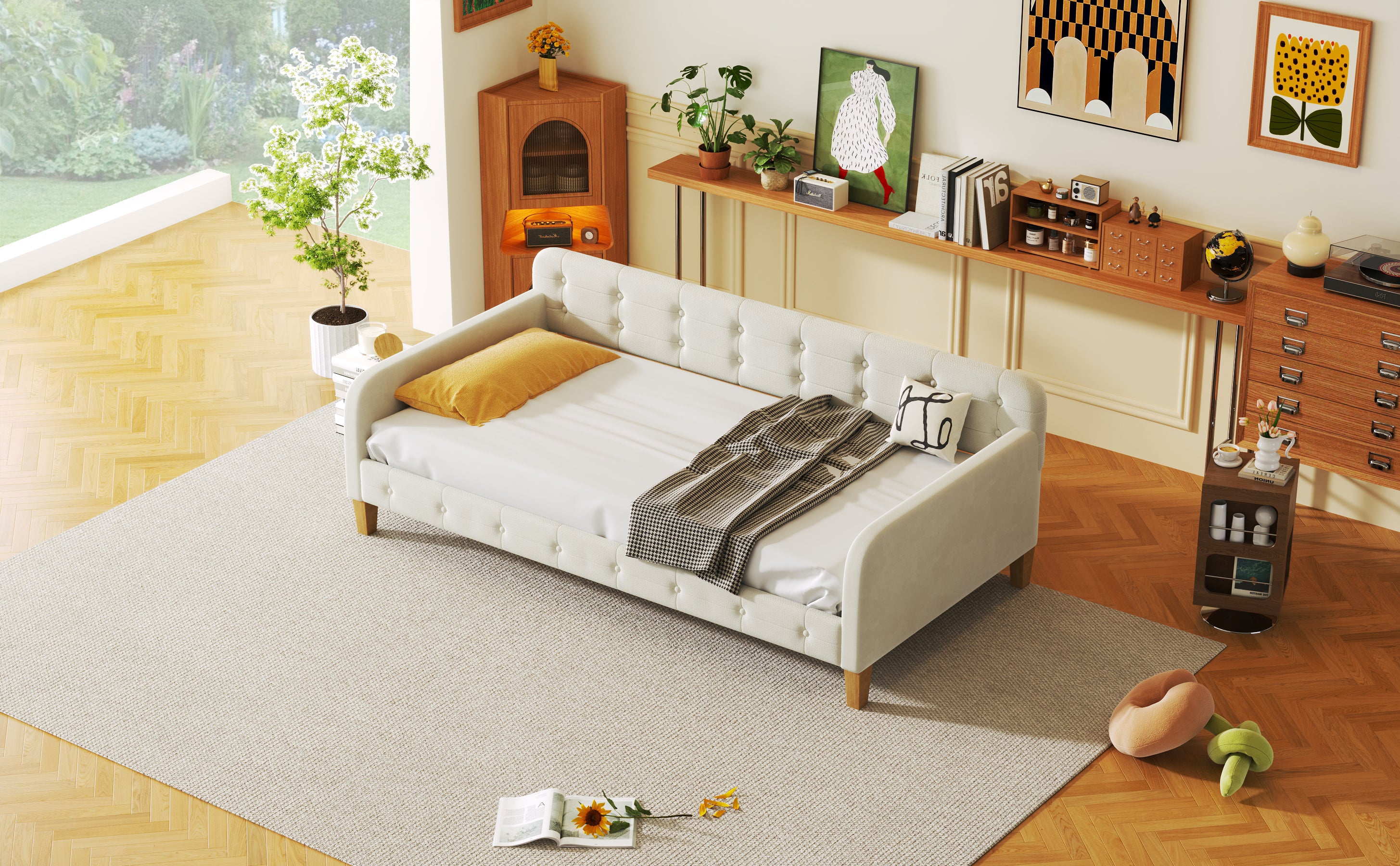 Twin Size Upholstered Daybed with 4 Support Legs, White