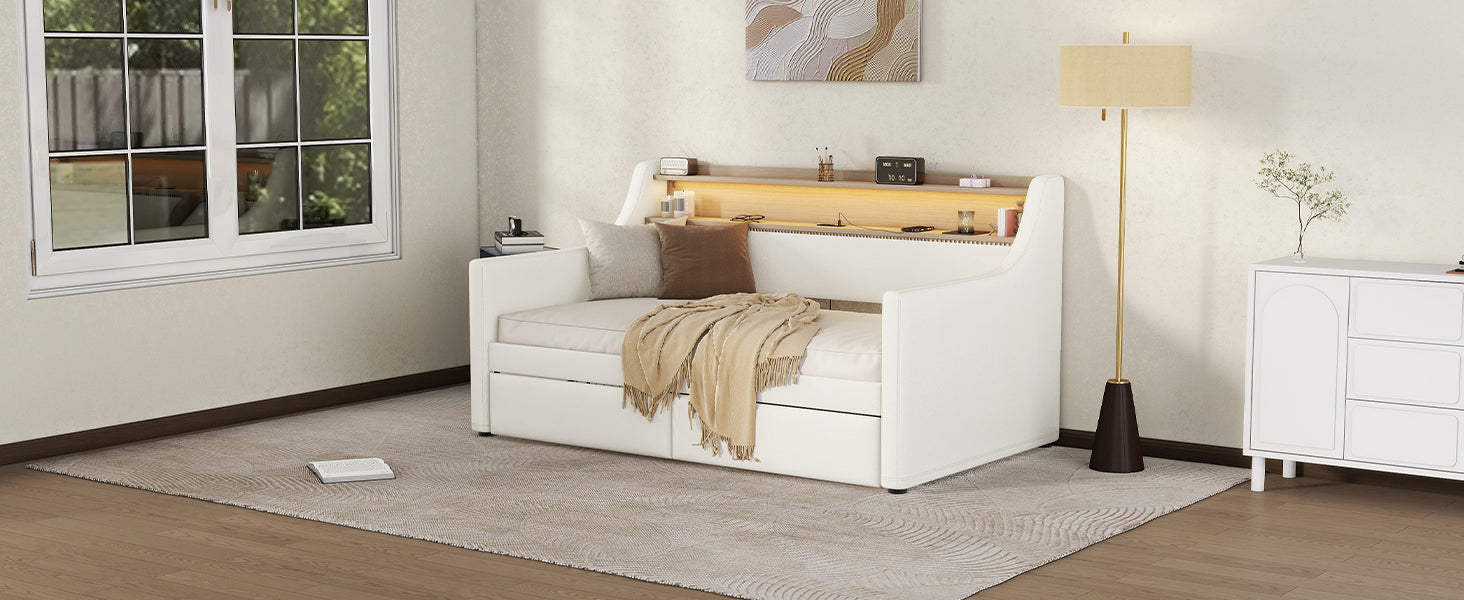 Twin Size Daybed with Drawers, Upholstered Daybed with Charging Station and LED Lights, White(Old Item W1580S00021)
