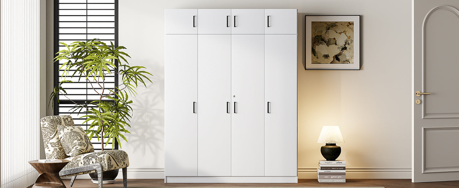 4-Door Wardrobe with 1 Drawer and Top Cabinet , White