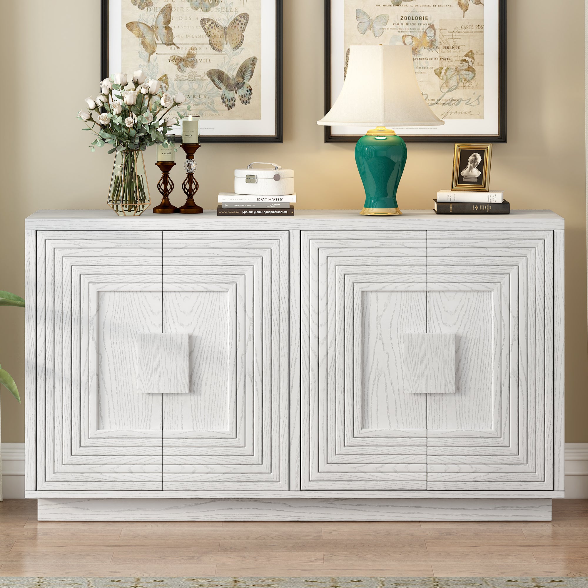 TREXM Vintage Distressed 4-Door Sideboard with Adjustable Shelves and Geometric Pattern for Dining Room, Kitchen and Living Room (Antique White)