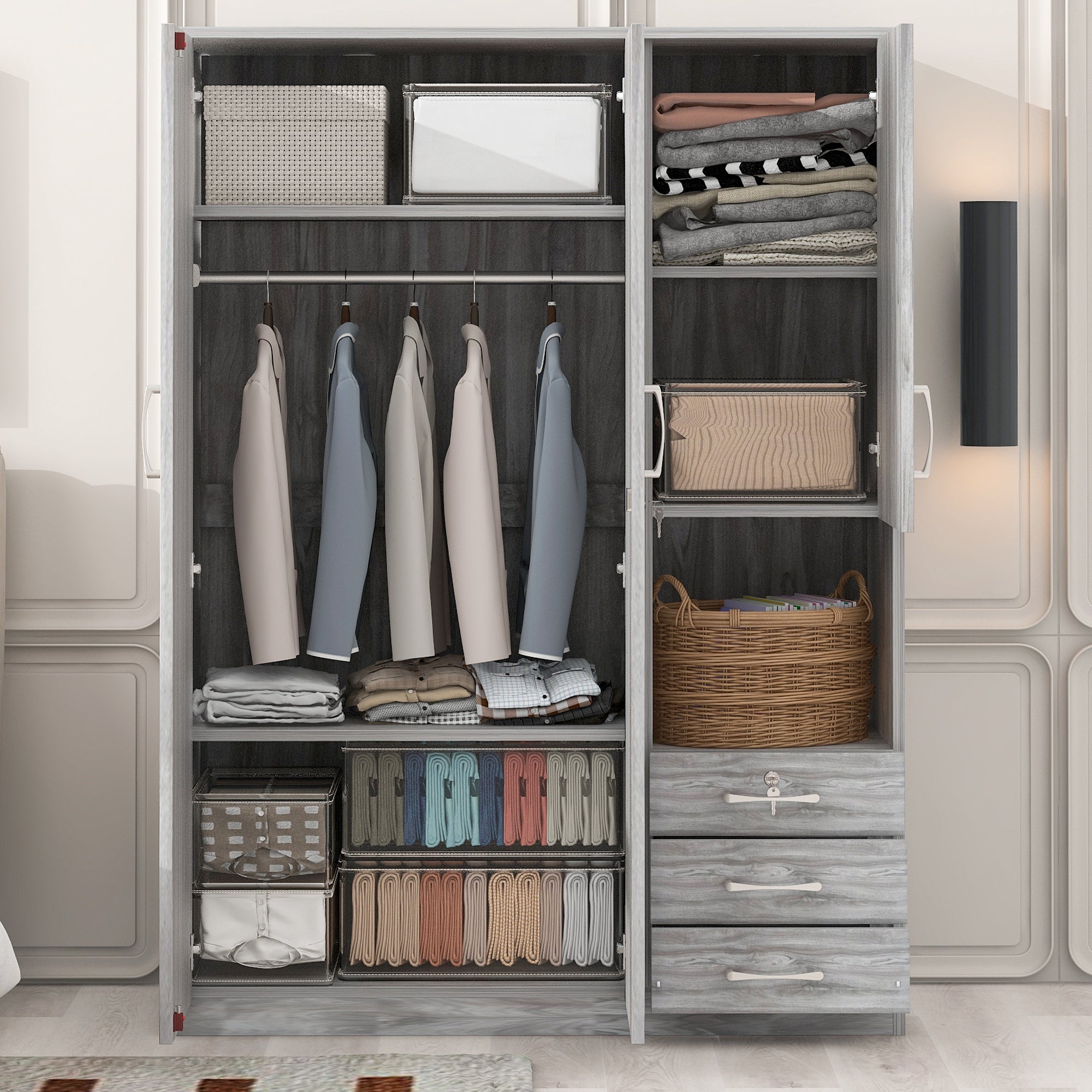 2-Doors Wooden Wardrobe Storage for Bedroom, with Shelves and 3 Drawers, Gray