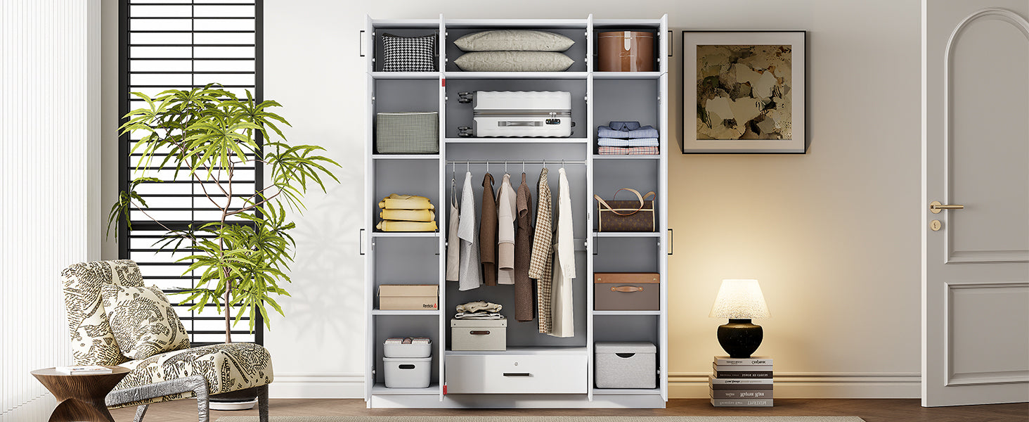 4-Door Wardrobe with 1 Drawer and Top Cabinet , White