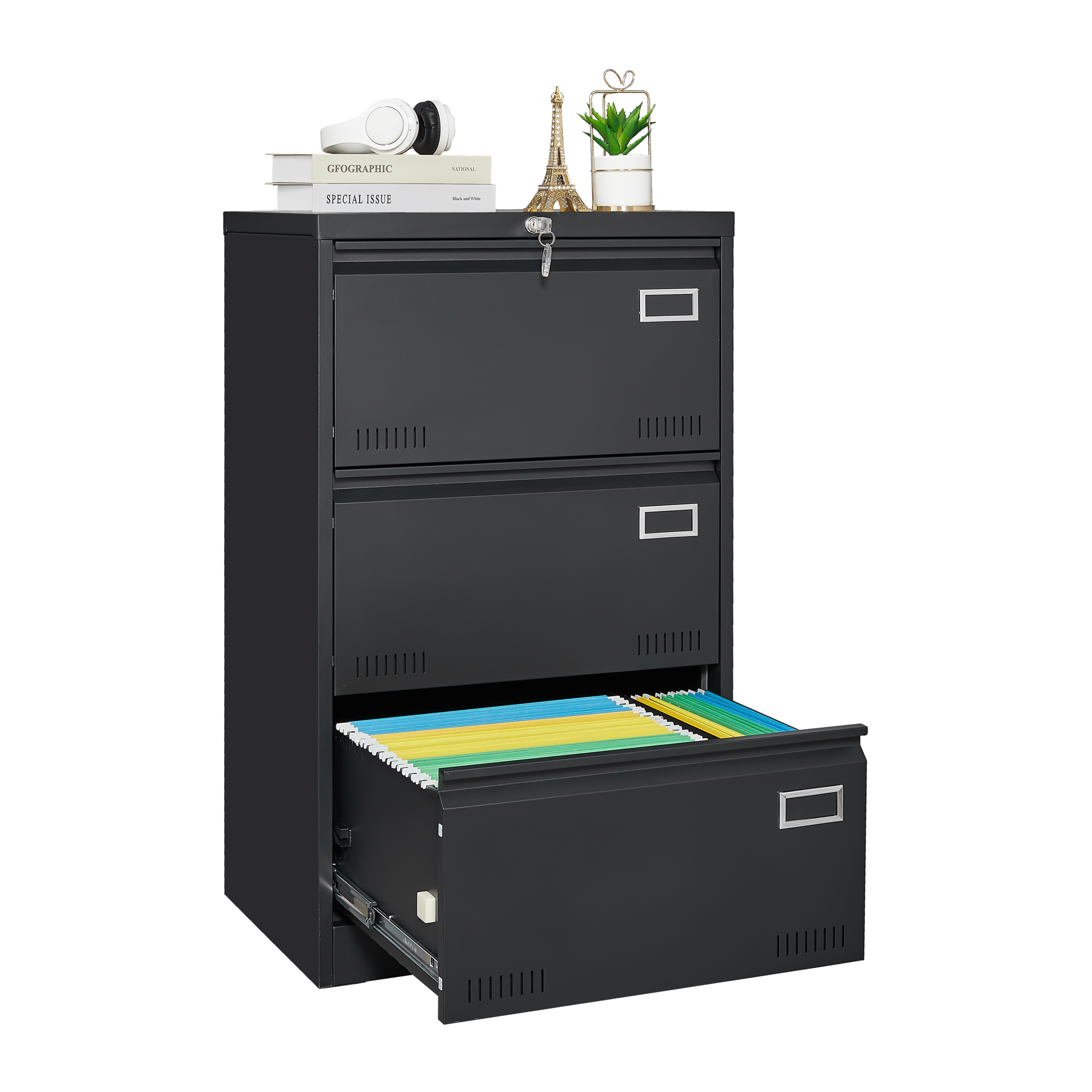 Filing Cabinet Lateral File Cabinet 3 Drawer, Blcak Locking Metal File Cabinets Three Drawer, Office Filing Cabinet with Lock Drawers for Home Office/Legal/Letter/A4/F4