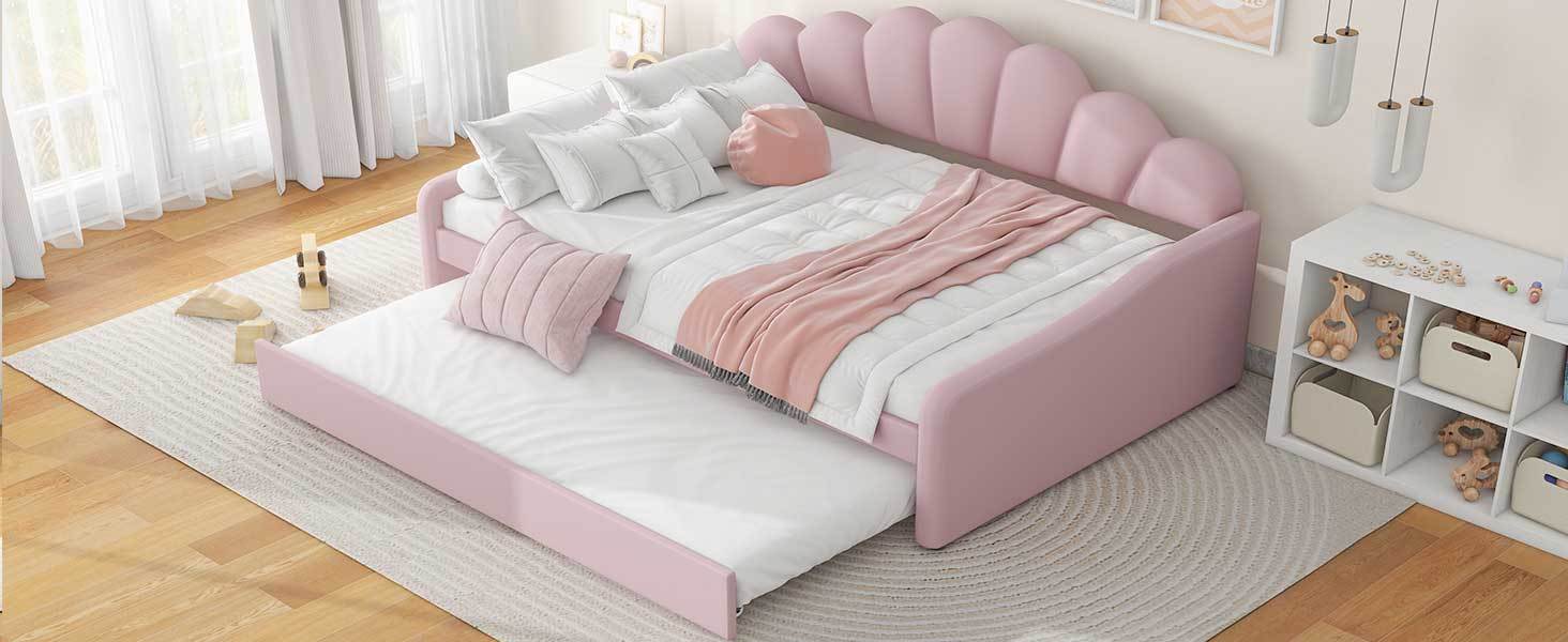 Full Size Upholstery Daybed Frame with Shall Shaped Backrest  and Trundle,Pink