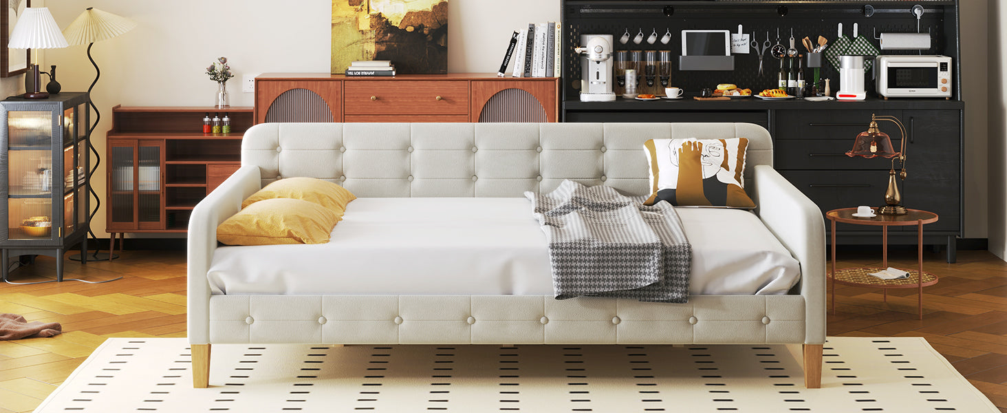 Full Size Upholstered Daybed with 4 Support Legs,White