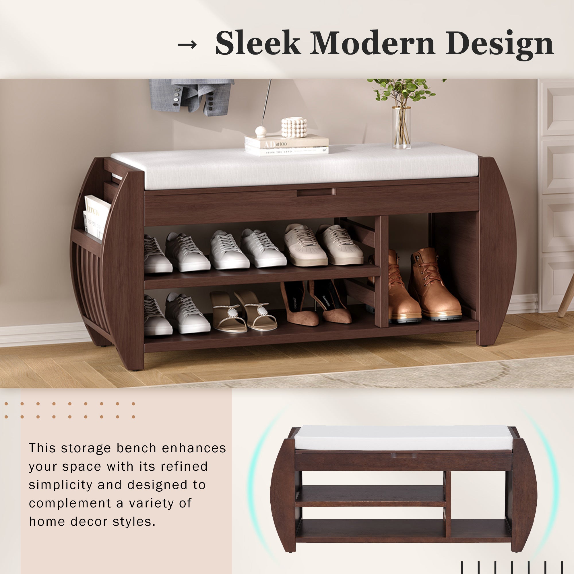 TREXM Retro Multifunctional Storage Bench with Cushion and Curved Side Panel for Entrance and Living Room (Espresso)
