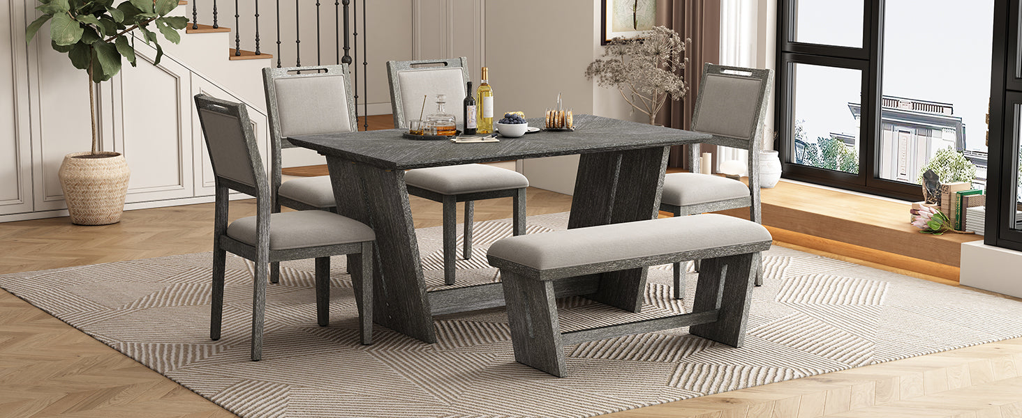 TREXM 6-Piece Retro Dining Set, 1 Rectangular Table with Stable Trapezoidal Table Base and 4 Upholstered Chairs and 1 Bench for Dining Room and Kitchen (Gray)