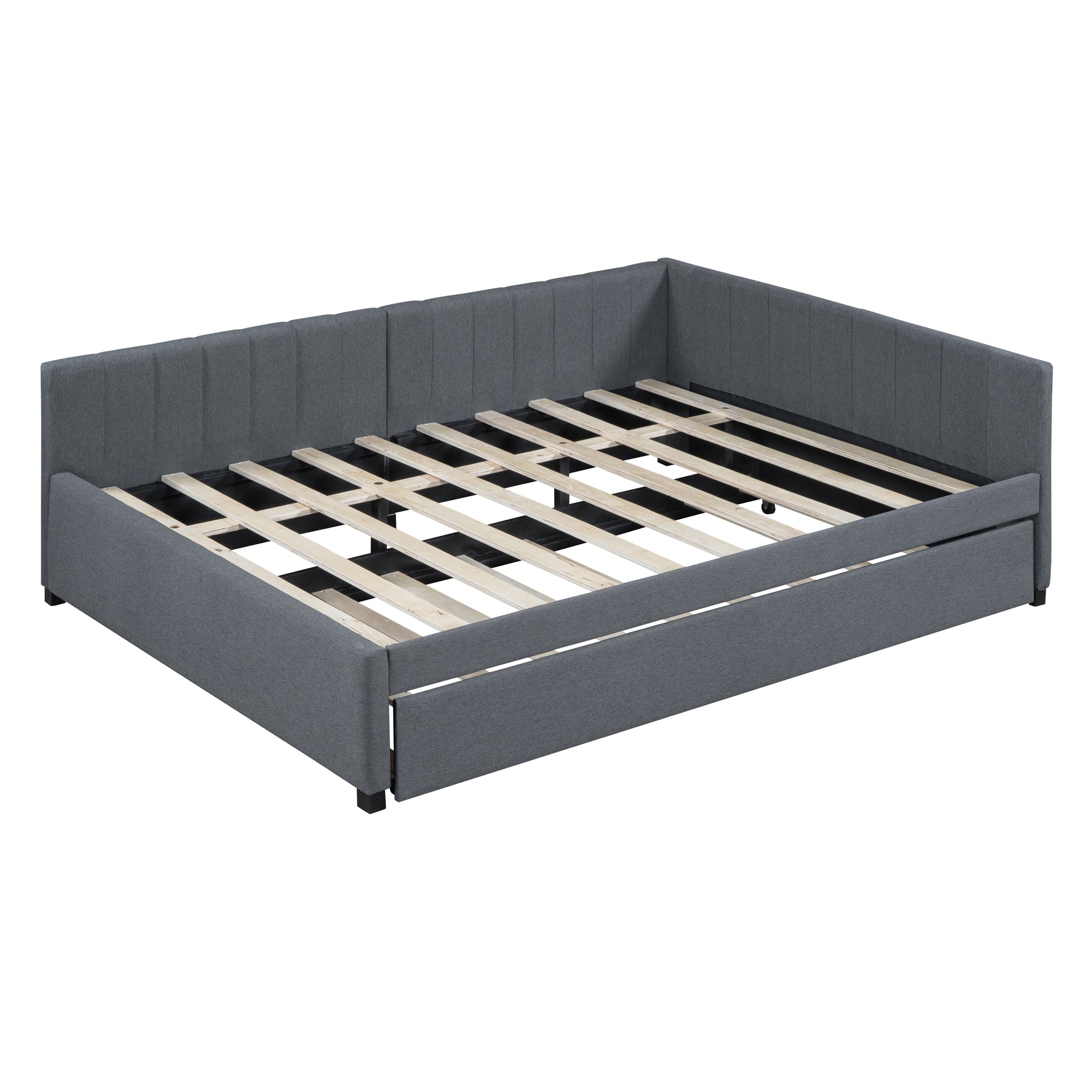 Full Size Upholstered Daybed with Trundle Sofa Bed Frame No Box Spring Needed, Linen Fabric(Gray)