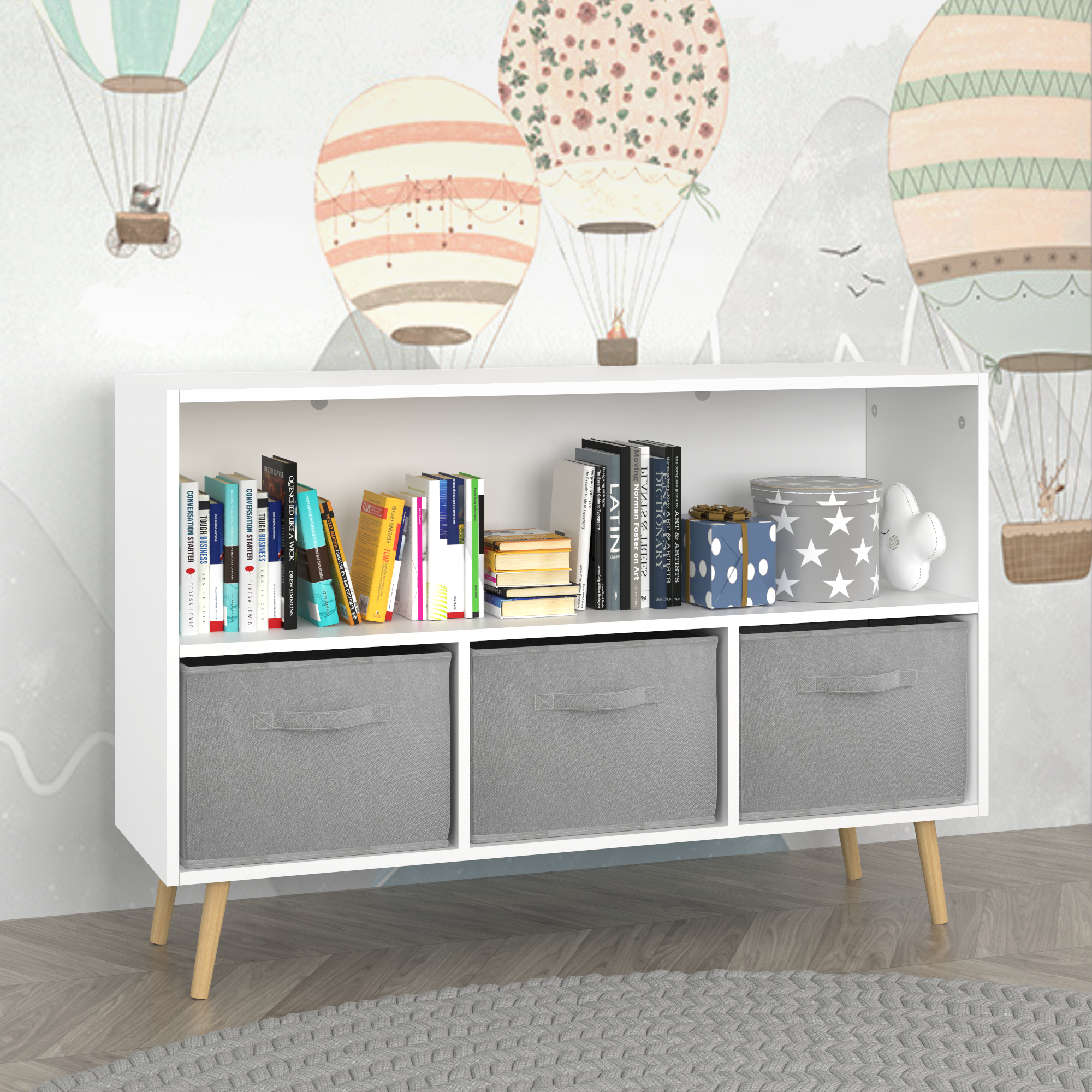 Kids bookcase with Collapsible Fabric Drawers, Children's Book Display, Toy Storage Cabinet Organizer, White/Gray