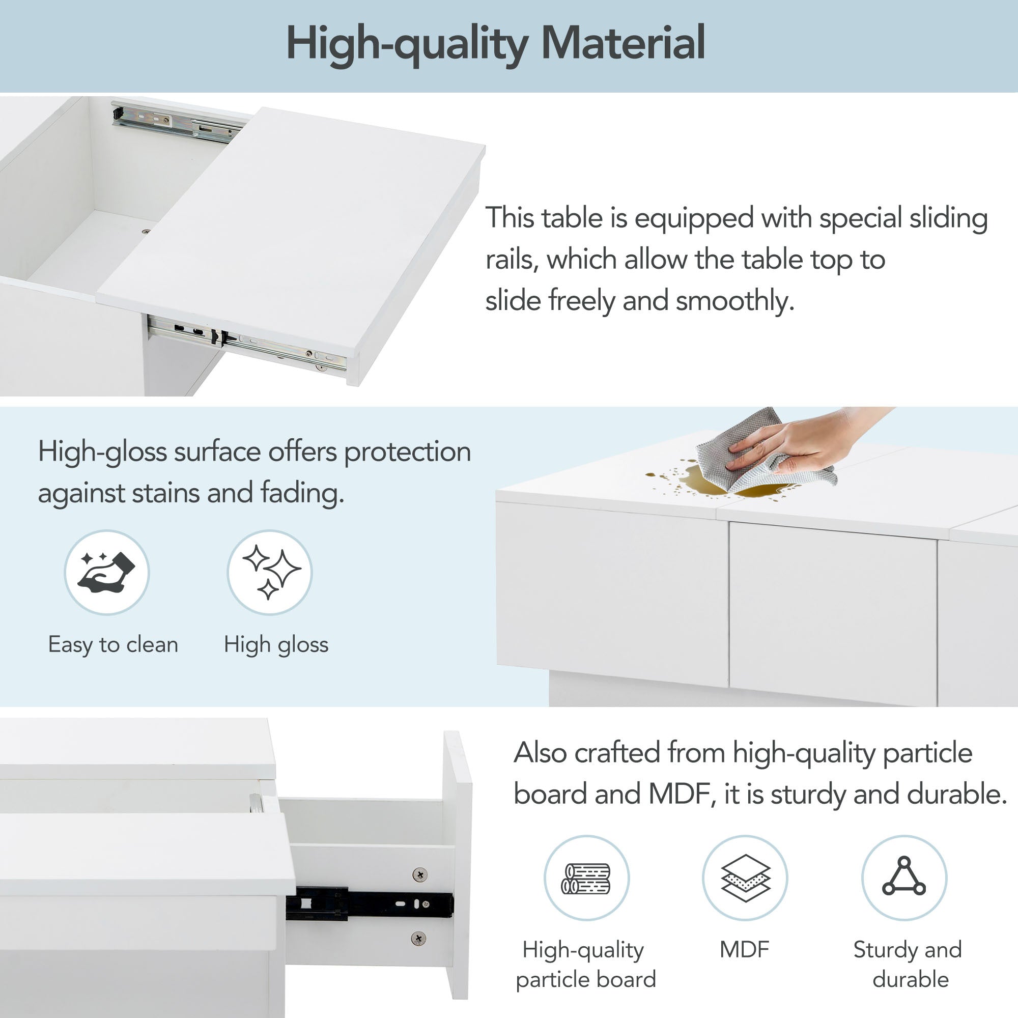 [VIDEO provided] ON-TREND Coffee Table with 2 large Hidden Storage Compartment, Extendable Cocktail Table with 2 Drawers, High-gloss Center Table with Sliding Top for Living Room, 39.3"x21.6", White