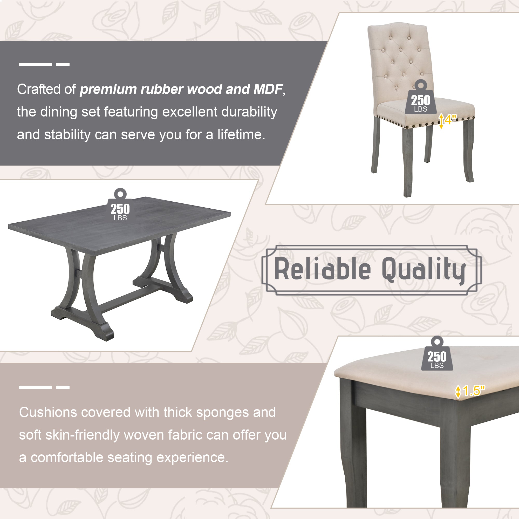 TREXM 6-Piece Farmhouse Dining Table Set, Rectangular Trestle Table and 4 Upholstered Chairs & Bench for Dining Room (Antique Gray)