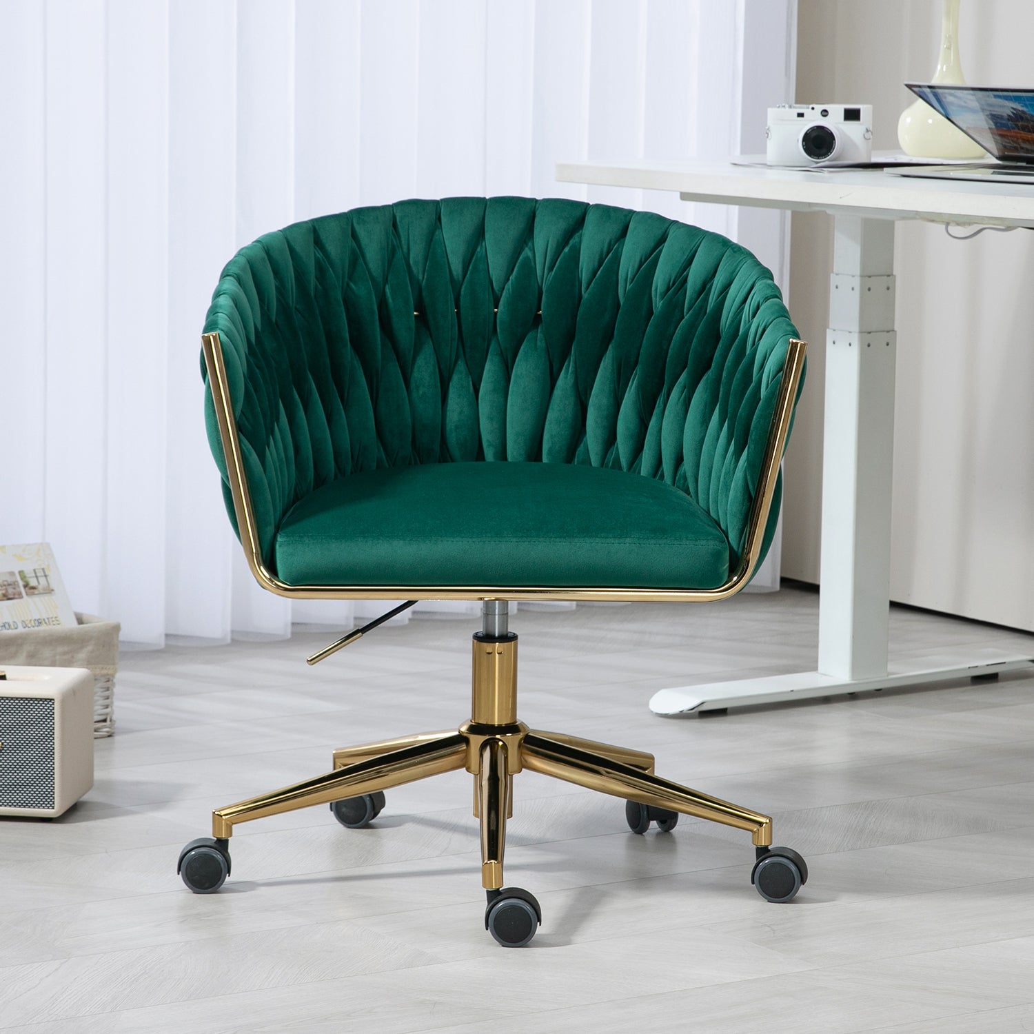 Modern design the backrest is hand-woven Office chair,Vanity chairs with wheels,Height adjustable,360° swivel for bedroom living room(GREEN)