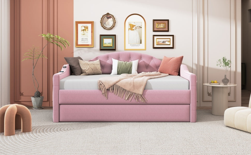 Twin Size Tufted Upholstered Daybed with Trundle ,Velvet Sofabed with USB&Type-C Charging Ports,No Box-spring Needed, Pink