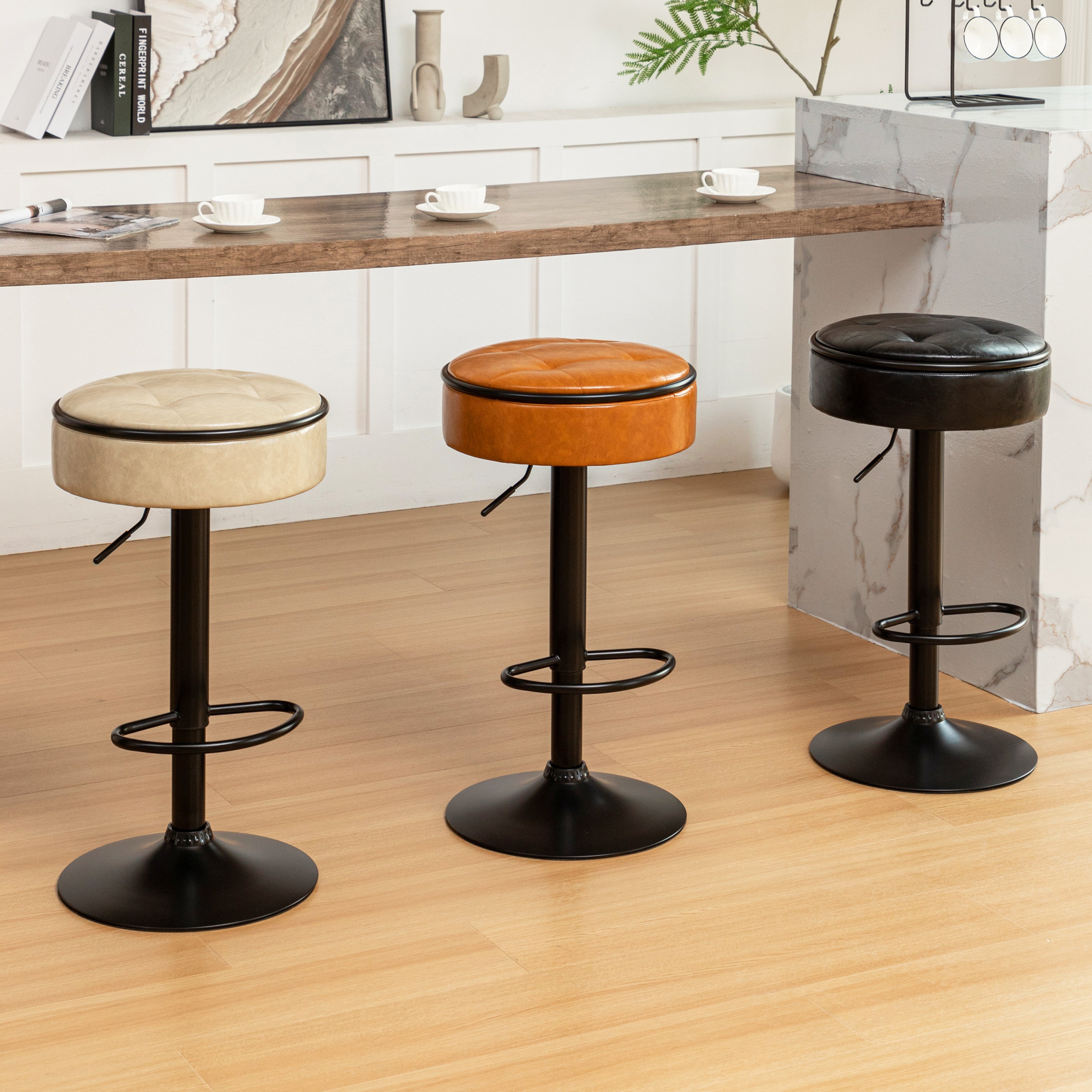 Round Storage Bar Stool Set of 2, Khaki Faux Leather Height Adjustable Barstool, 360°Counter Height Swivel Stool, Armless Bar Chair with Metal Frame for Kitchen Counter Dining Living Room