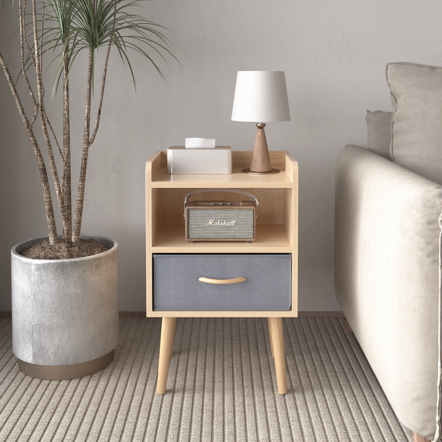 Nightstand With Collapsible Fabric Drawer, 2-Tier Storage End Table, Wood Side Table with Storage Cabinet or Kids, Adults - Oak