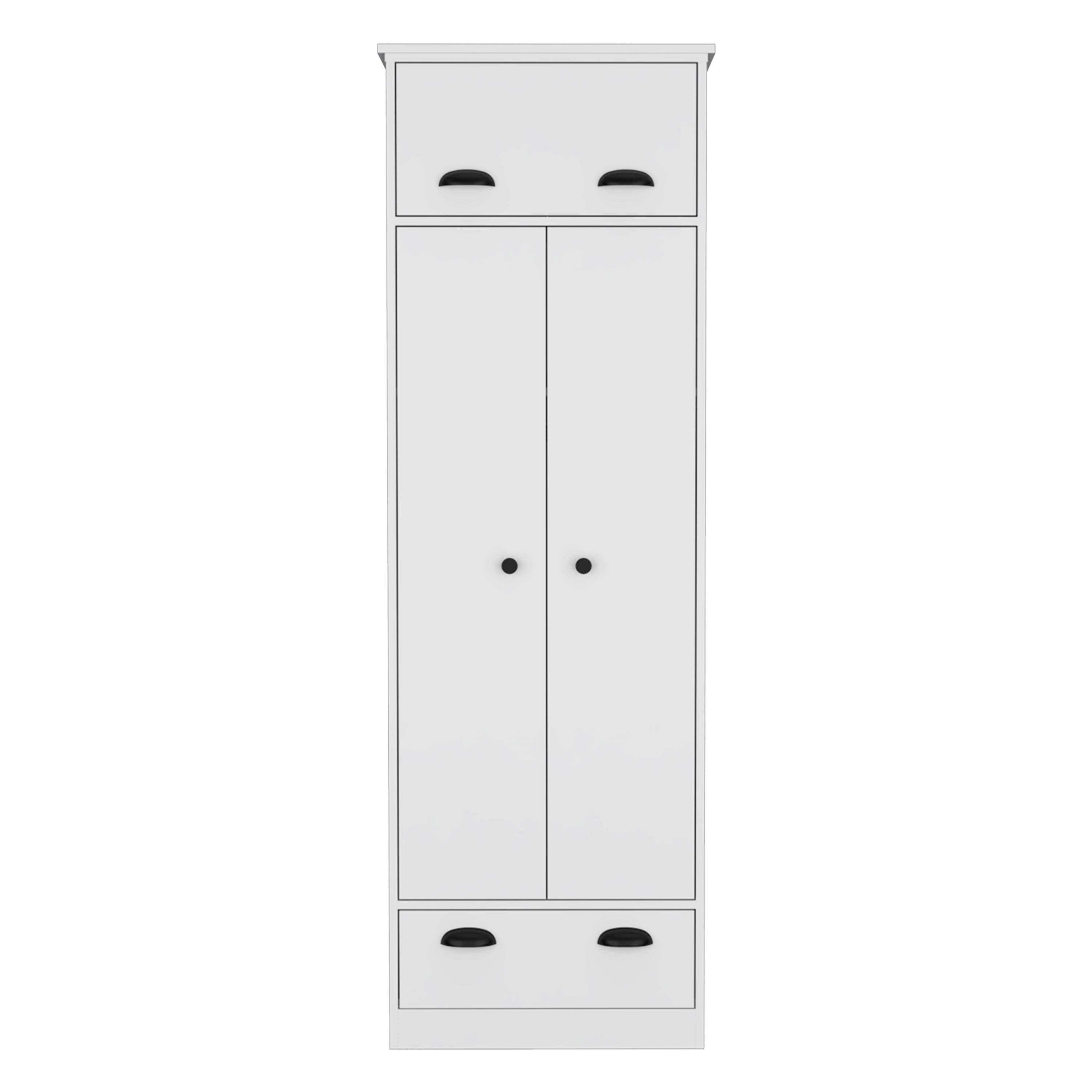 Dresser-closet with upper storage covered with 1 door, 2 central shelves, 1 tube for hanging clothes covered by 2 doors, 1 drawer at the bottom, White