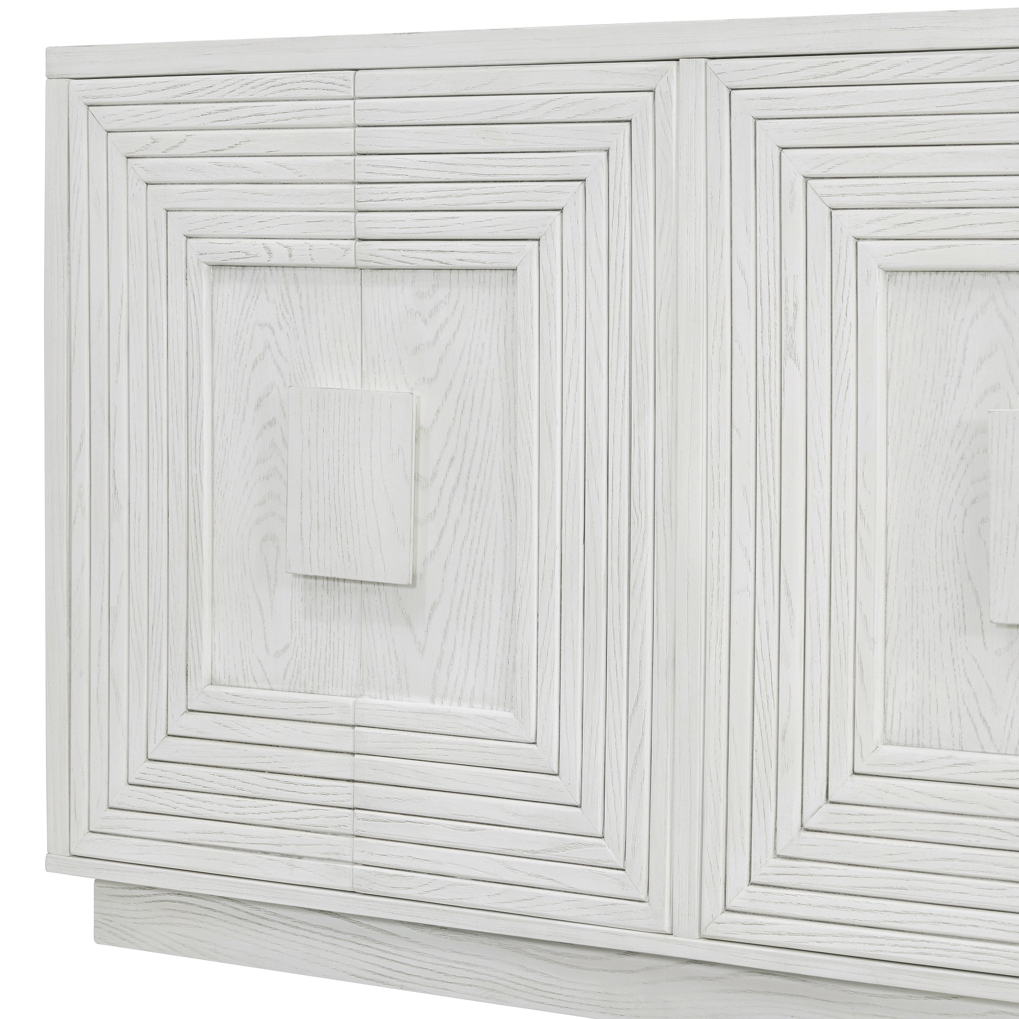 TREXM Vintage Distressed 4-Door Sideboard with Adjustable Shelves and Geometric Pattern for Dining Room, Kitchen and Living Room (Antique White)