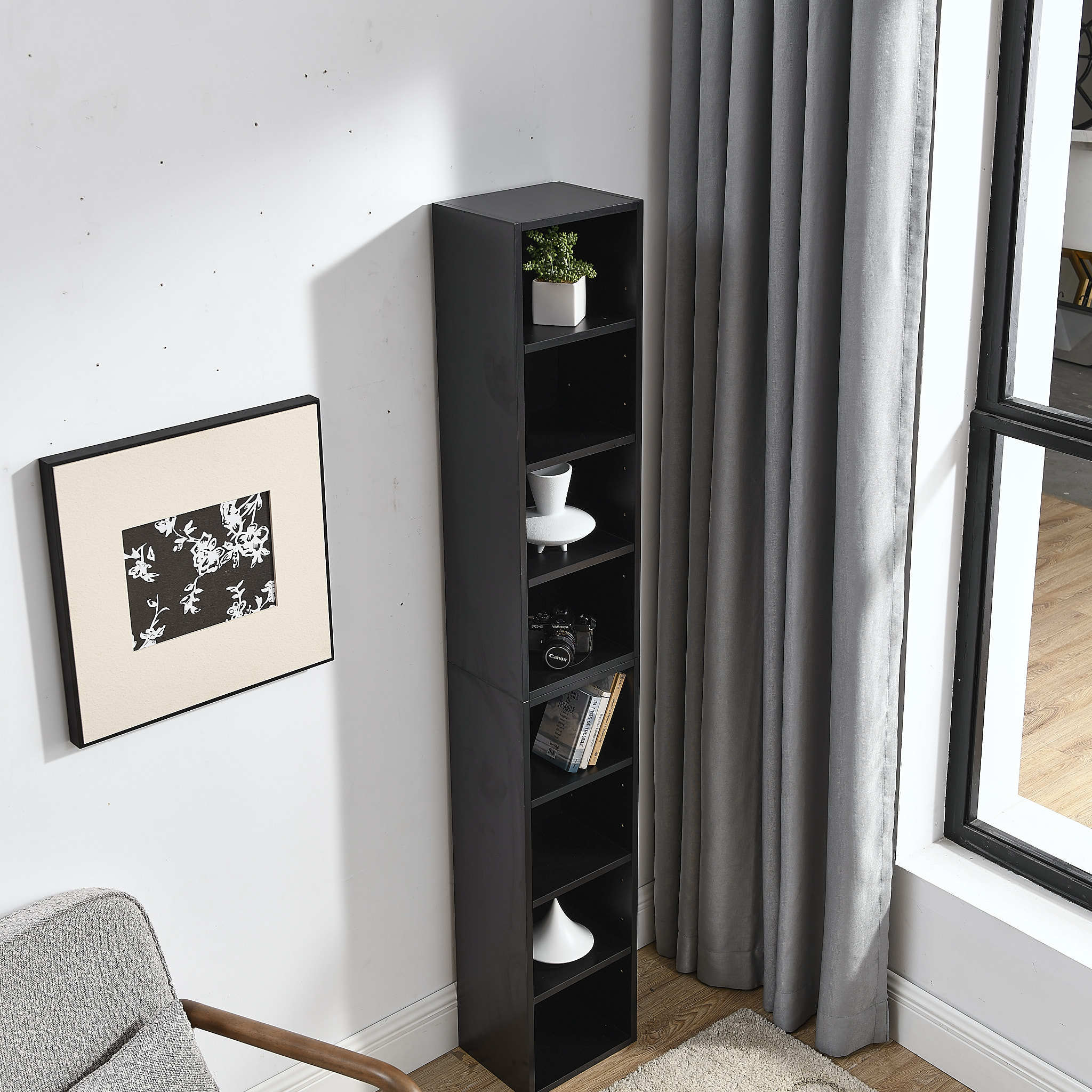 8-Tier Media Tower Rack, CD DVD Slim Storage Cabinet with Adjustable Shelves, Tall Narrow Bookcase Display Bookshelf for Home Office,Multi-functional double-decker bookcase