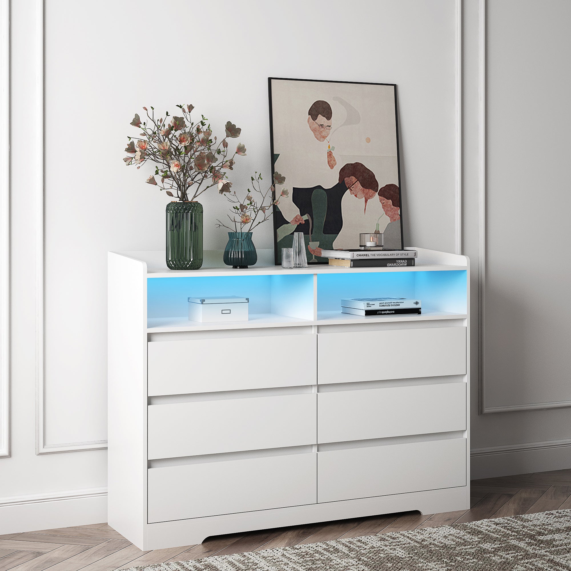 6 Drawer Dresser, White Dresser for Bedroom with LED Lights, Modern Dressers & Chests of Drawers with Sturdy Frame for Living Room, Entryway, Hallway