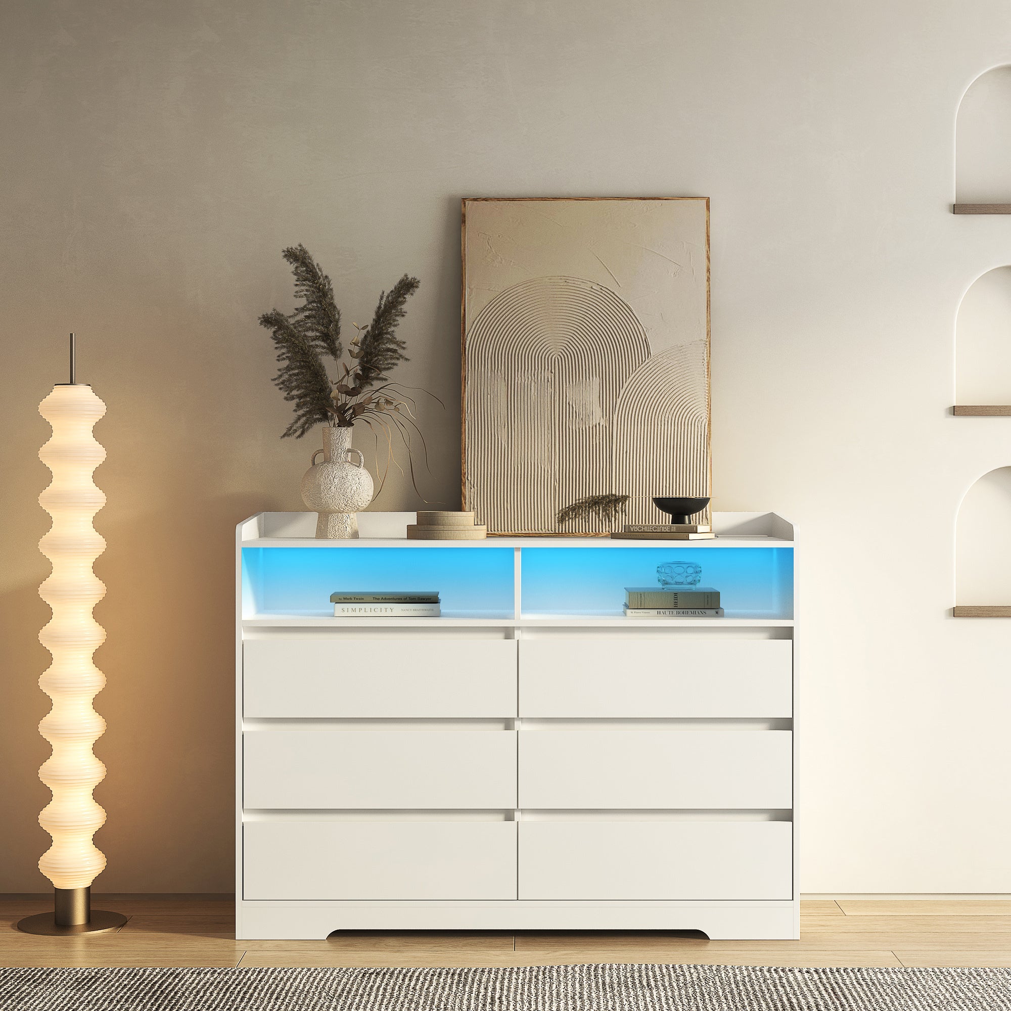 6 Drawer Dresser, White Dresser for Bedroom with LED Lights, Modern Dressers & Chests of Drawers with Sturdy Frame for Living Room, Entryway, Hallway