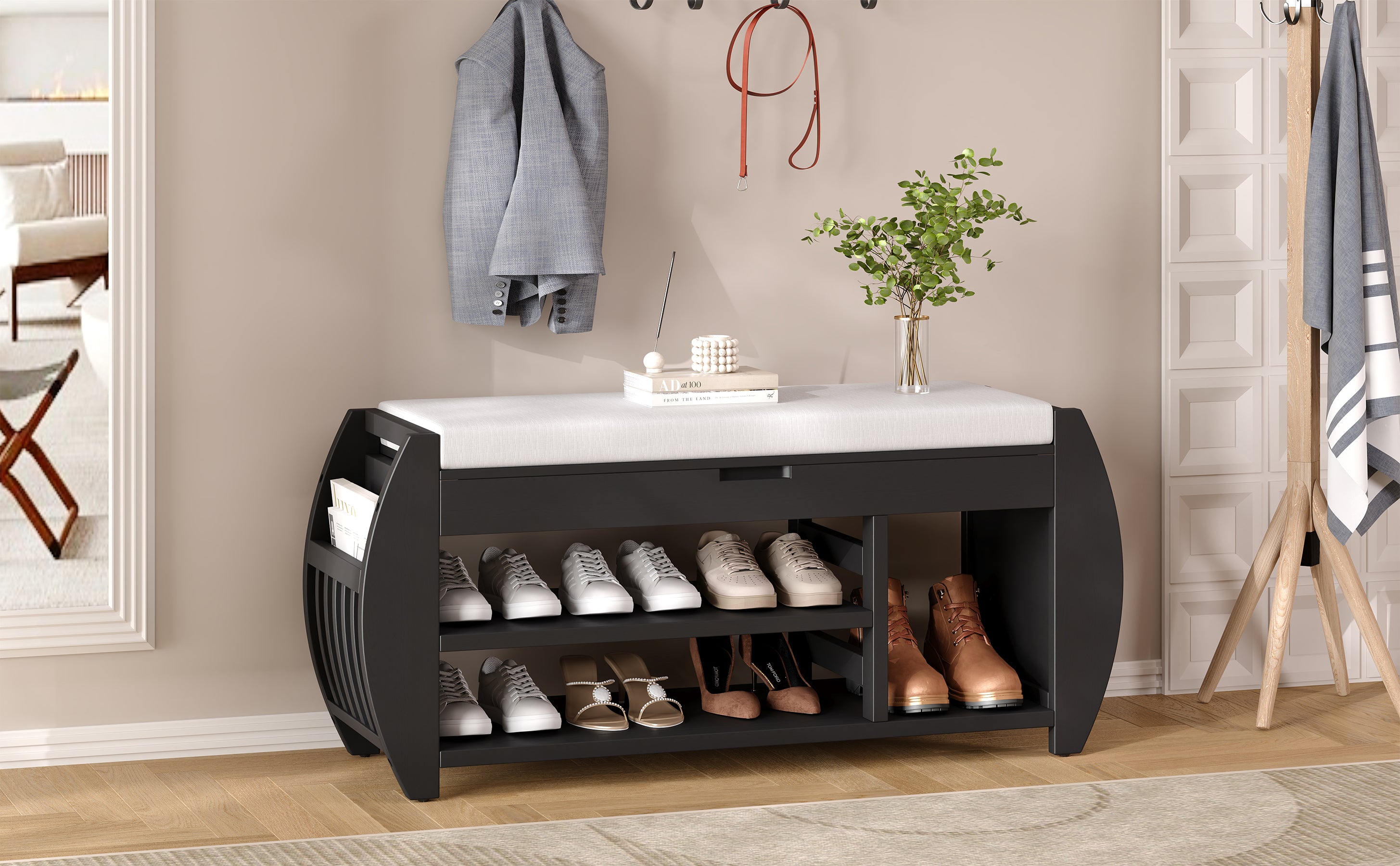 TREXM Retro Multifunctional Storage Bench with Cushion and Curved Side Panel for Entrance and Living Room (Black)
