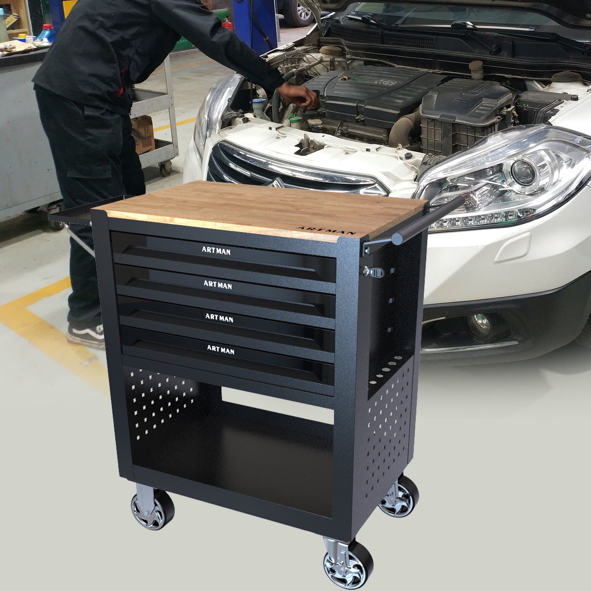 4 DRAWERS MULTIFUNCTIONAL TOOL CART WITH WHEELS AND WOODEN TOP-BLACK