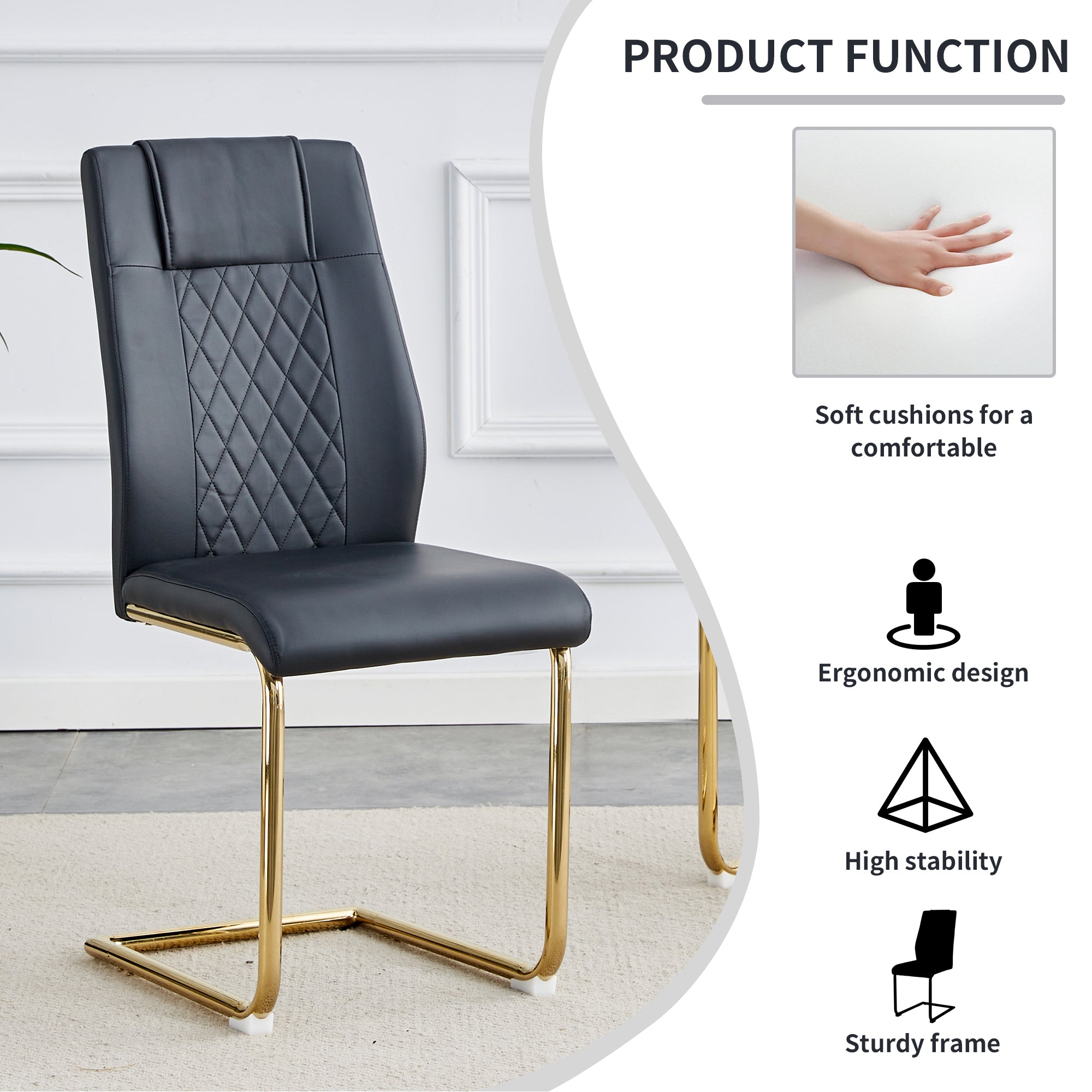Modern dining chairs with faux leather padded seats, dining room chairs, gold metal leg upholstered chairs, suitable for kitchens, living rooms, bedrooms, and offices, set of 4 (black+PU leather)C-001