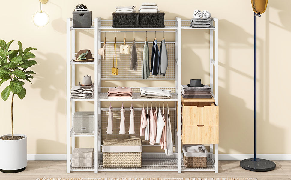 Open-Style Wardrobe with Hanging Rails, Shelves and Drawers, White