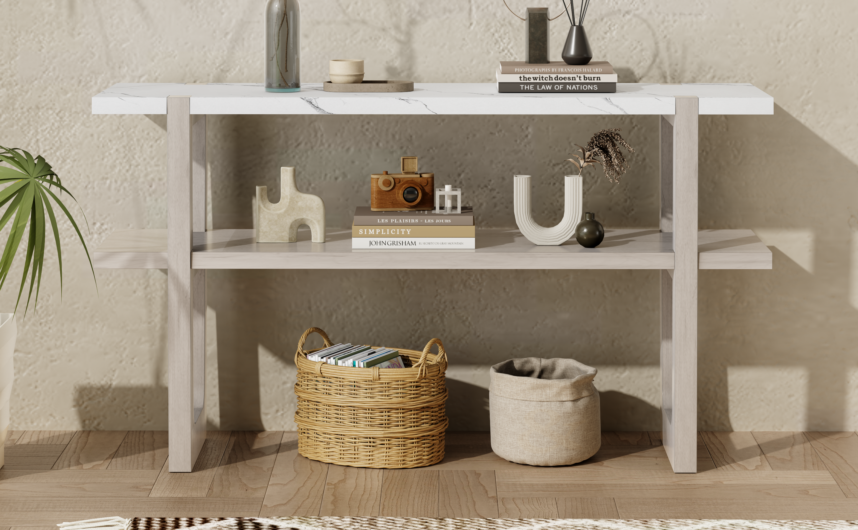 TREXM Retro Elegant Console Table with Marble-Effect Top and Versatile Storage Solutions for Entryway and Living Room (Gray Wash)
