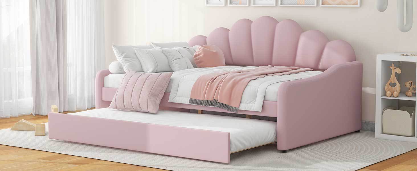Full Size Upholstery Daybed Frame with Shall Shaped Backrest  and Trundle,Pink