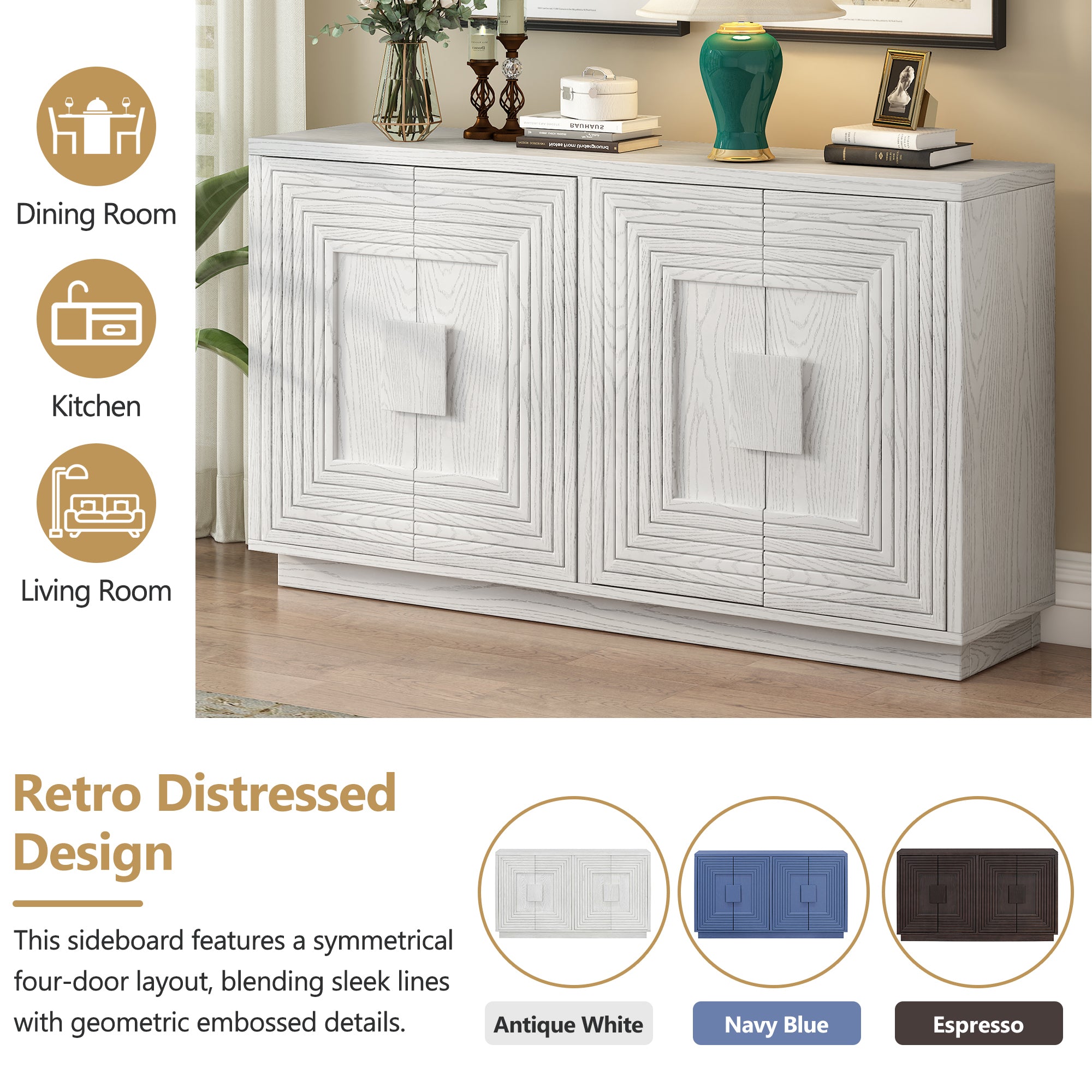 TREXM Vintage Distressed 4-Door Sideboard with Adjustable Shelves and Geometric Pattern for Dining Room, Kitchen and Living Room (Antique White)