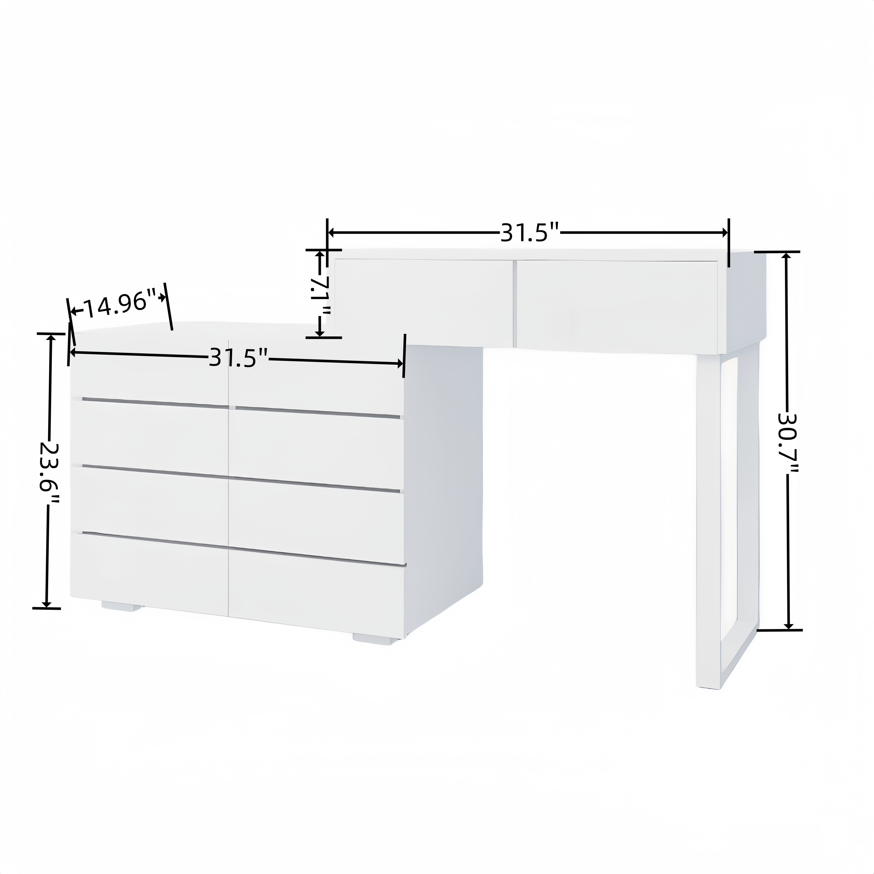 Extended Desktop 10 Drawers Chest of Drawer without Handle White Color Vanity