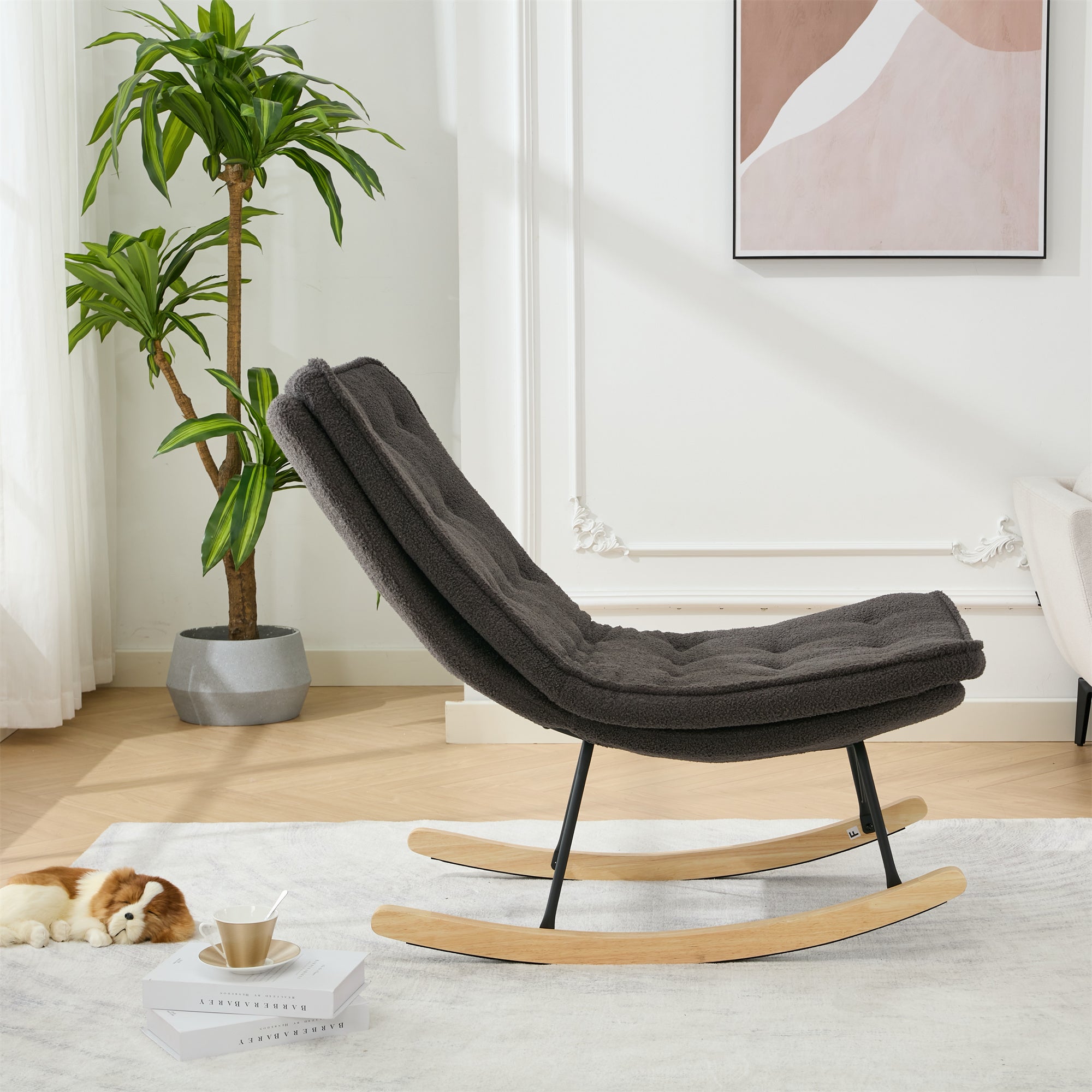 Lazy Rocking Chair,Comfortable Lounge Chair with Wide Backrest and Seat Wood Base, Upholstered Armless Rocker Chair for Living room, Balcony,Bedroom and Patio Porch. (GREY)
