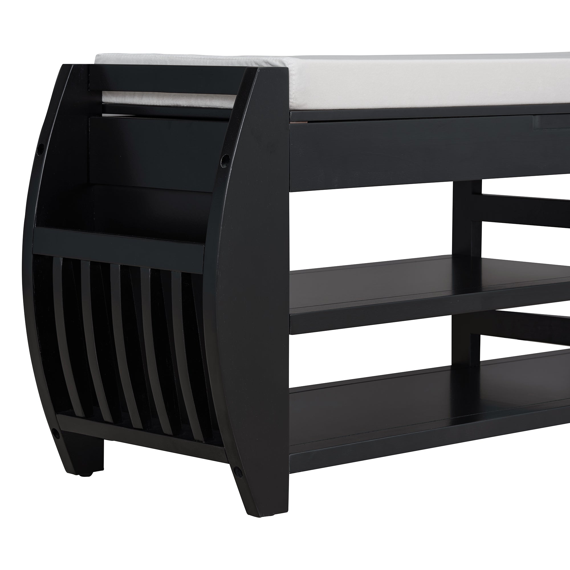TREXM Retro Multifunctional Storage Bench with Cushion and Curved Side Panel for Entrance and Living Room (Black)