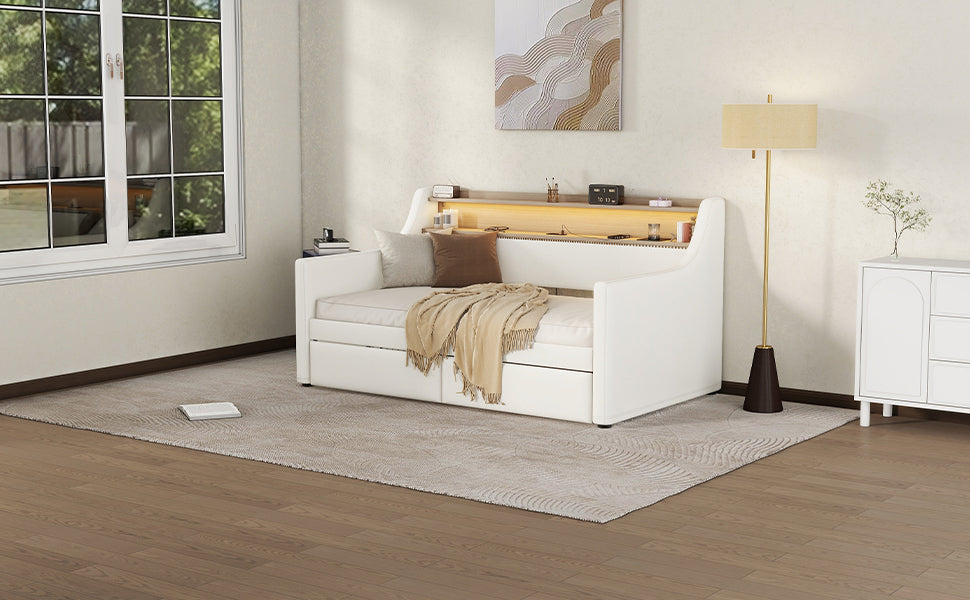 Twin Size Daybed with Drawers, Upholstered Daybed with Charging Station and LED Lights, White(Old Item W1580S00021)