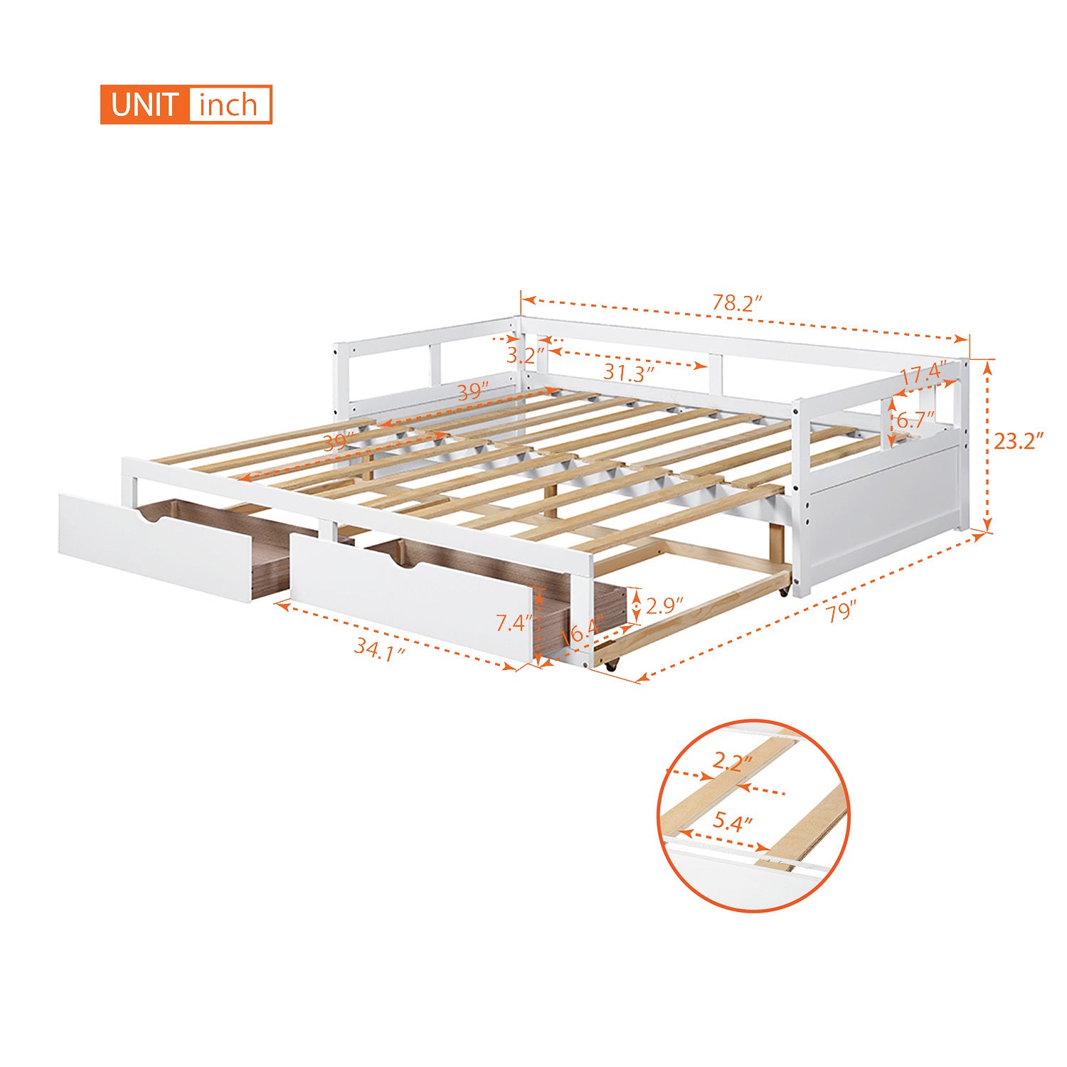 Wooden Daybed with Trundle Bed and Two Storage Drawers , Extendable Bed Daybed,Sofa Bed for Bedroom Living Room,White