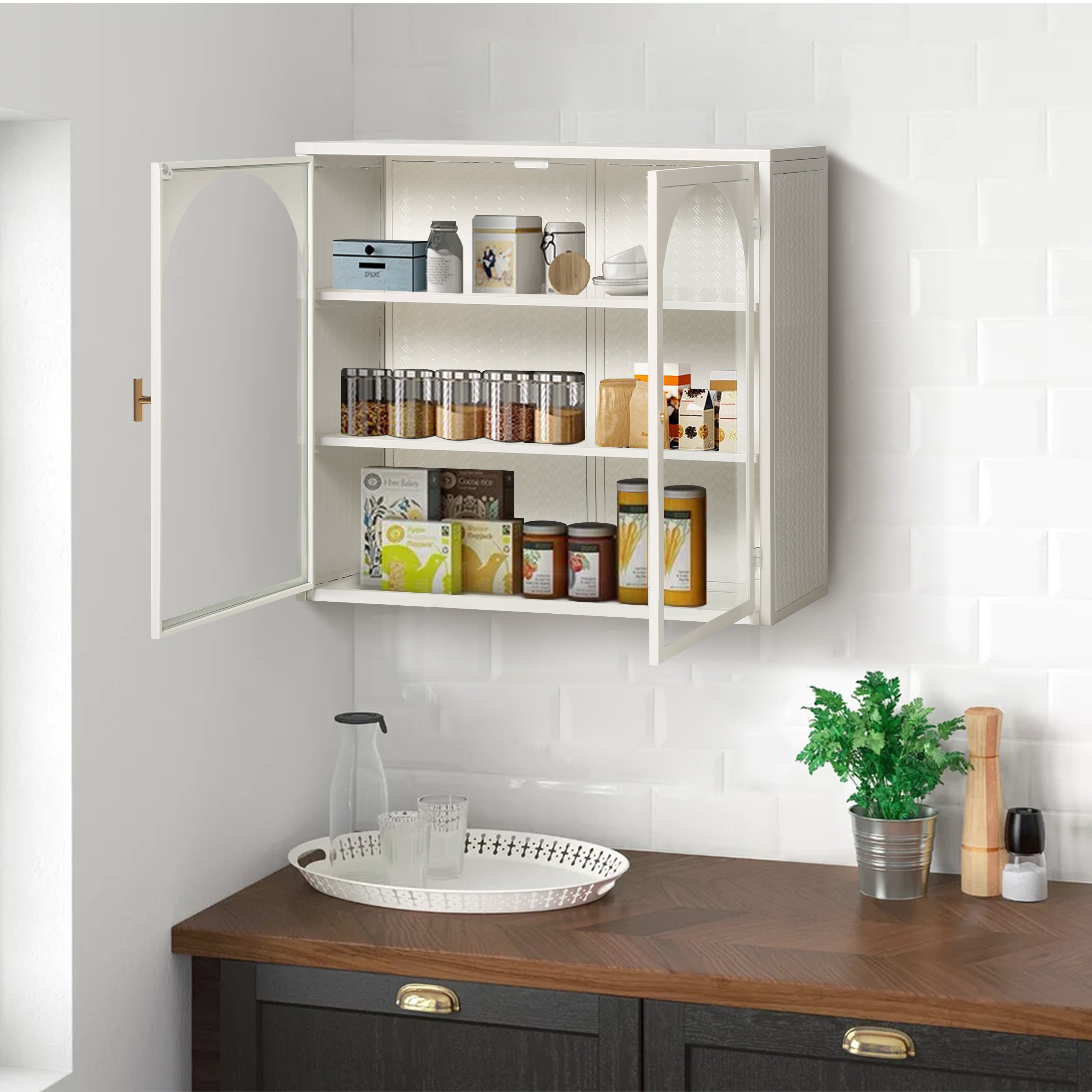 27.56"Glass Doors Modern Two-door Wall Cabinet with Featuring Three-tier Storage for Entryway Living Room Bathroom Dining Room,Wall Cabinet with Characteristic Woven Pattern,White