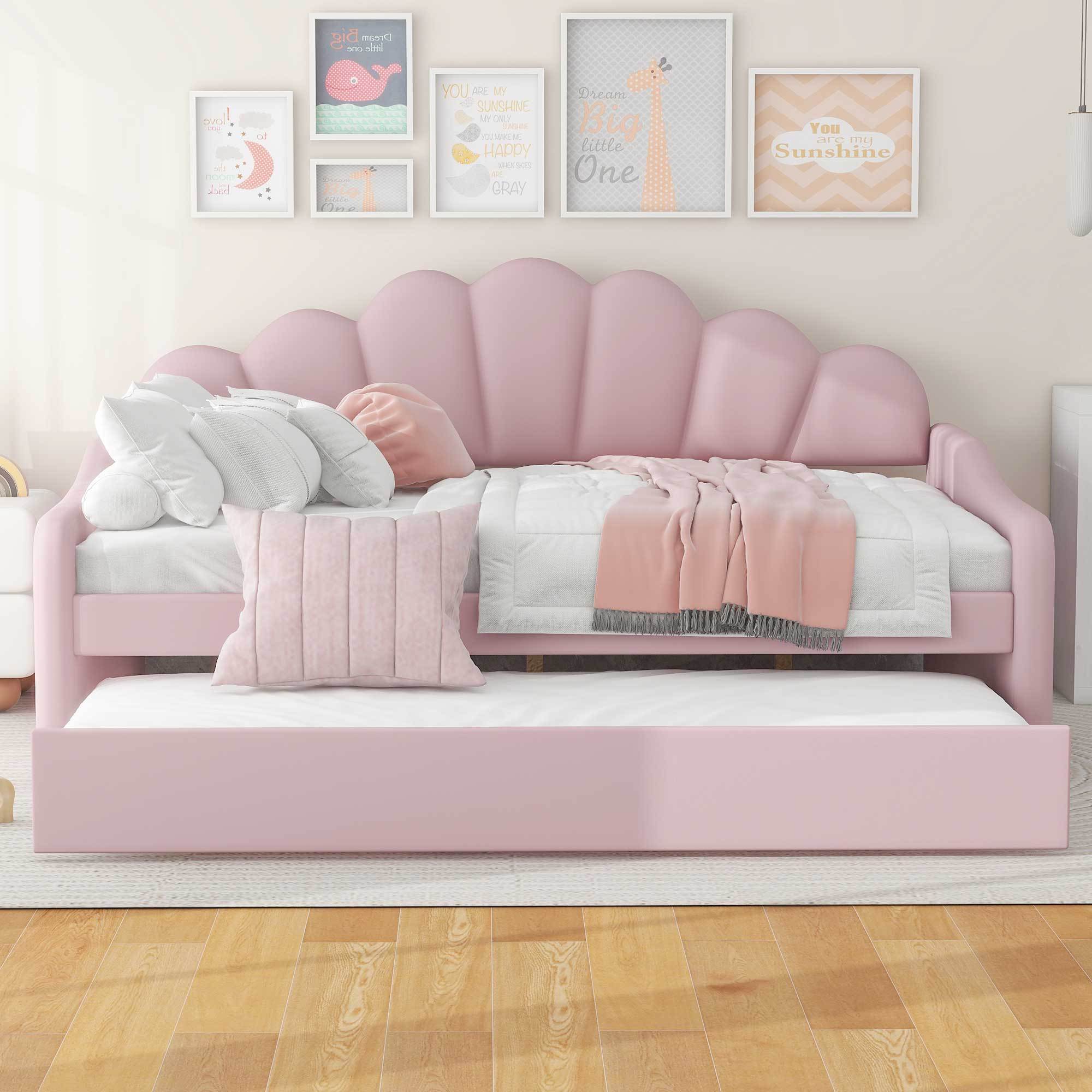 Full Size Upholstery Daybed Frame with Shall Shaped Backrest  and Trundle,Pink