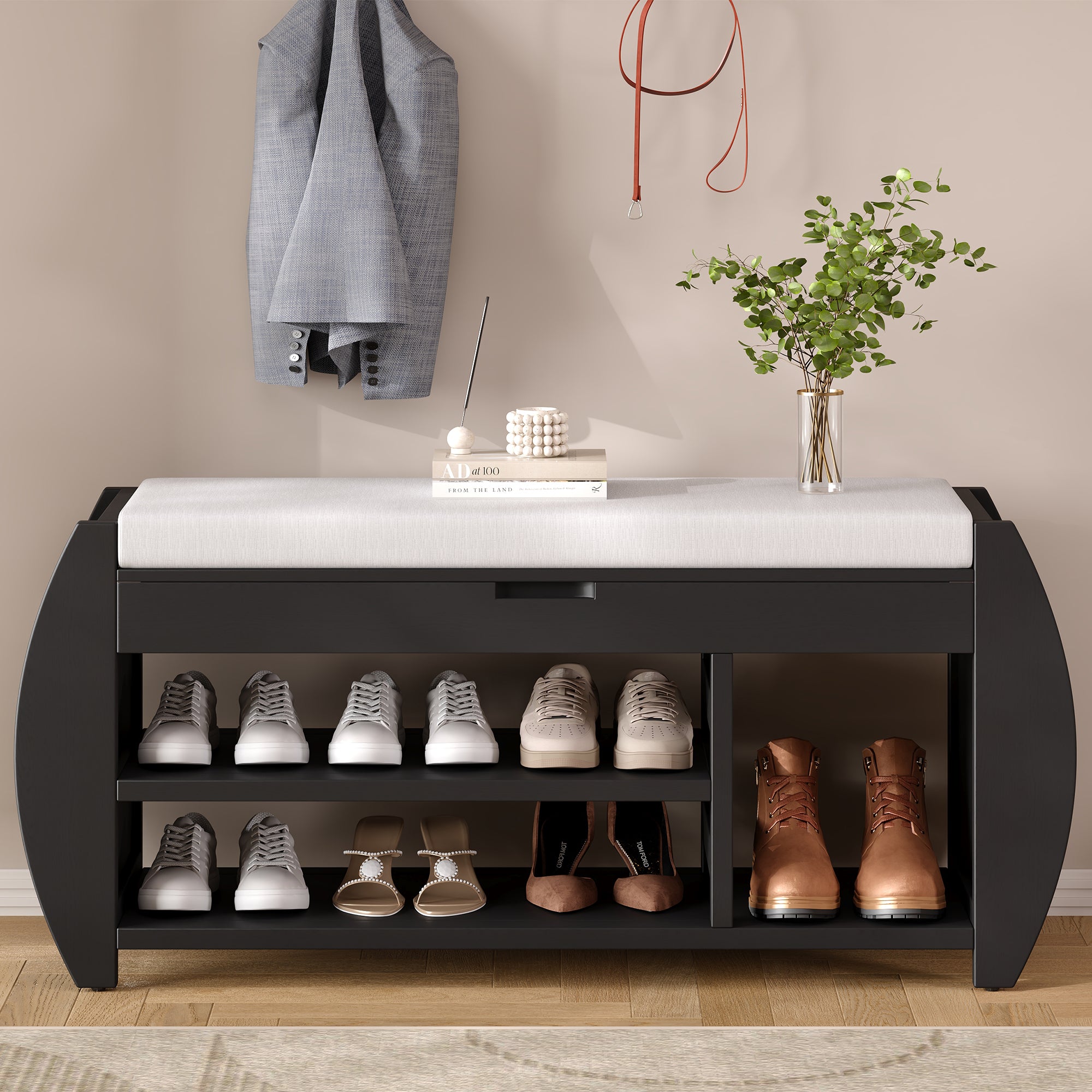 TREXM Retro Multifunctional Storage Bench with Cushion and Curved Side Panel for Entrance and Living Room (Black)