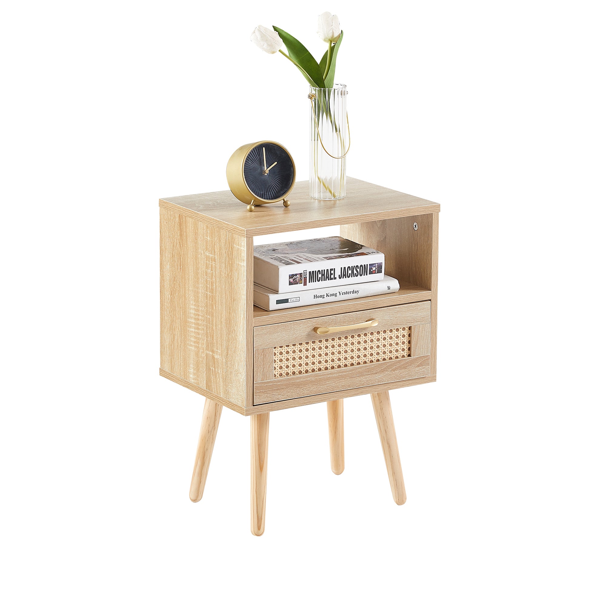 15.75" Rattan End table with  drawer and solid wood legs, Modern nightstand, side table for living room, bedroom,natural