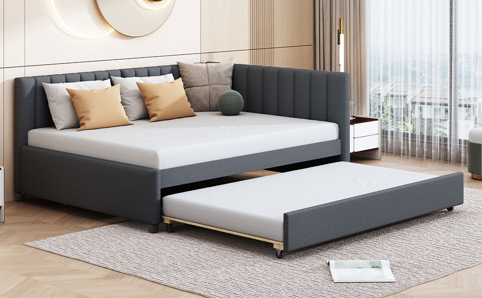 Full Size Upholstered Daybed with Trundle Sofa Bed Frame No Box Spring Needed, Linen Fabric(Gray)