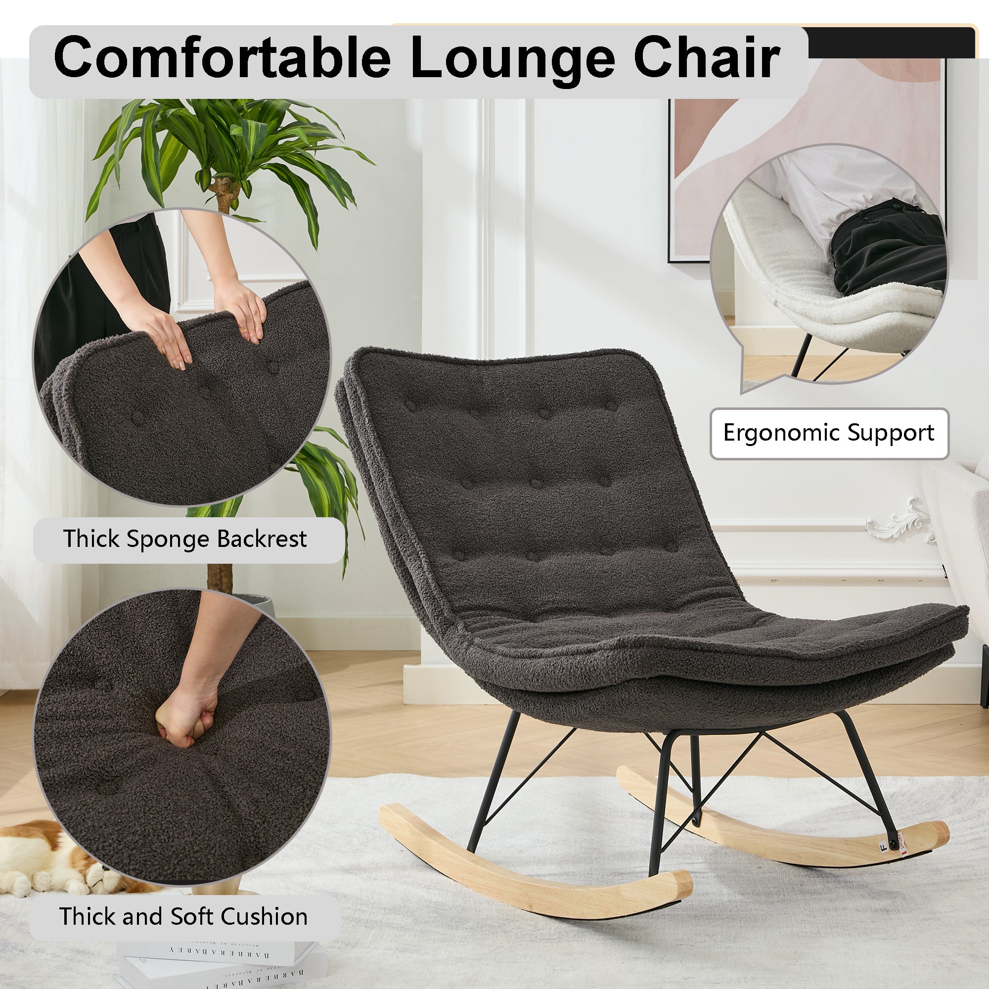 Lazy Rocking Chair,Comfortable Lounge Chair with Wide Backrest and Seat Wood Base, Upholstered Armless Rocker Chair for Living room, Balcony,Bedroom and Patio Porch. (GREY)