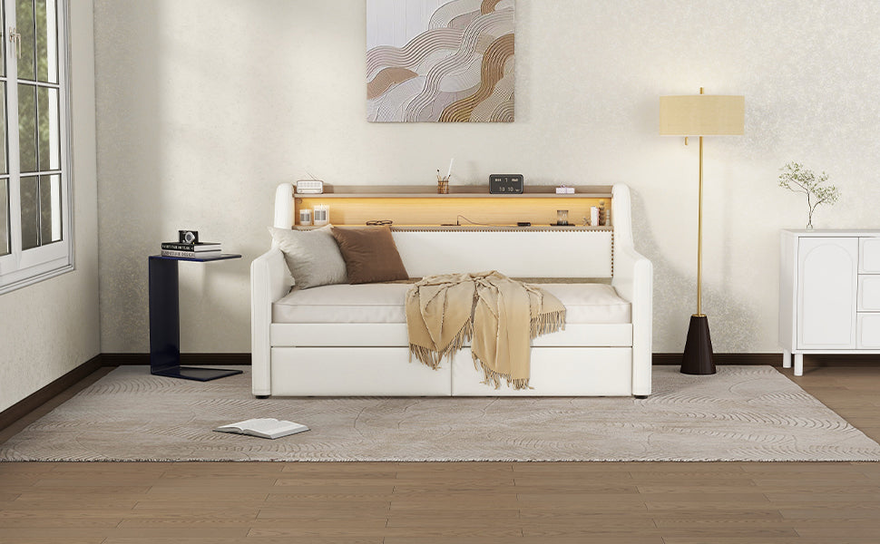 Twin Size Daybed with Drawers, Upholstered Daybed with Charging Station and LED Lights, White(Old Item W1580S00021)